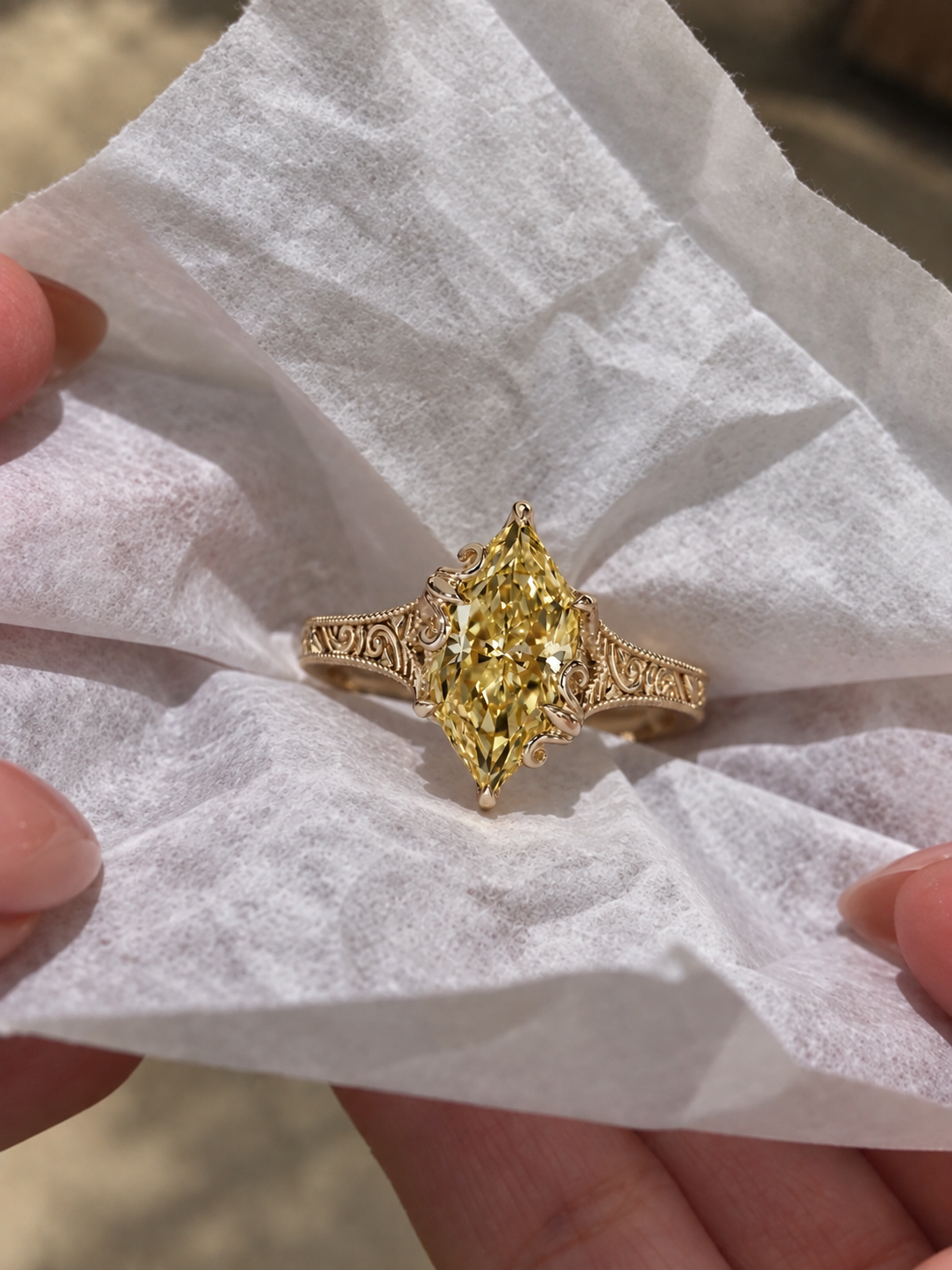 Yellow Dutch Marquise Lab Grown Diamond Engagement Ring Art Deco Tulip 14K Gold IGI Certified VVS2 - VS1