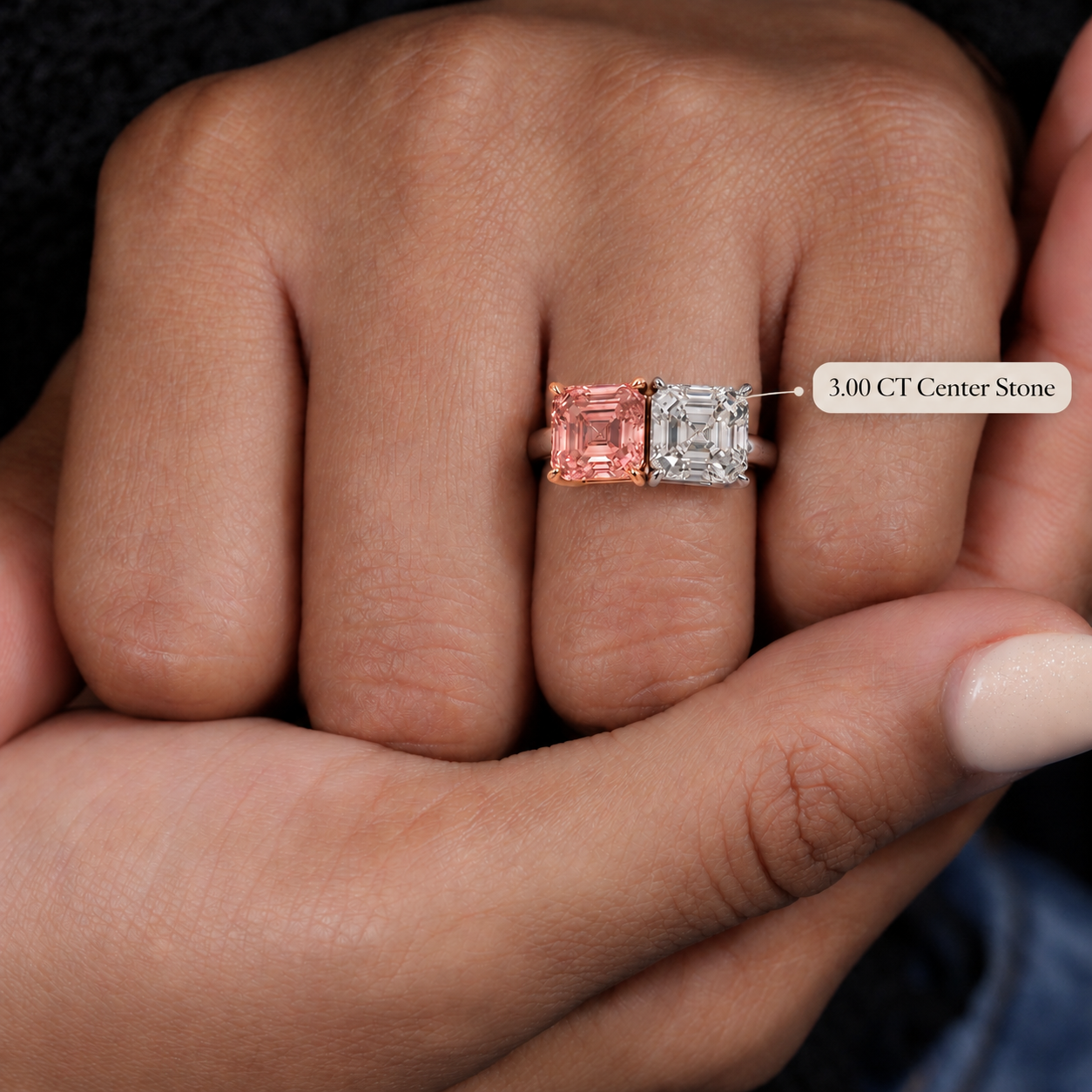 Asscher Cut Lab Grown Diamond Engagement Ring Pink & White Two Stone 14K Two-Tone Gold IGI Certified Toi et Moi