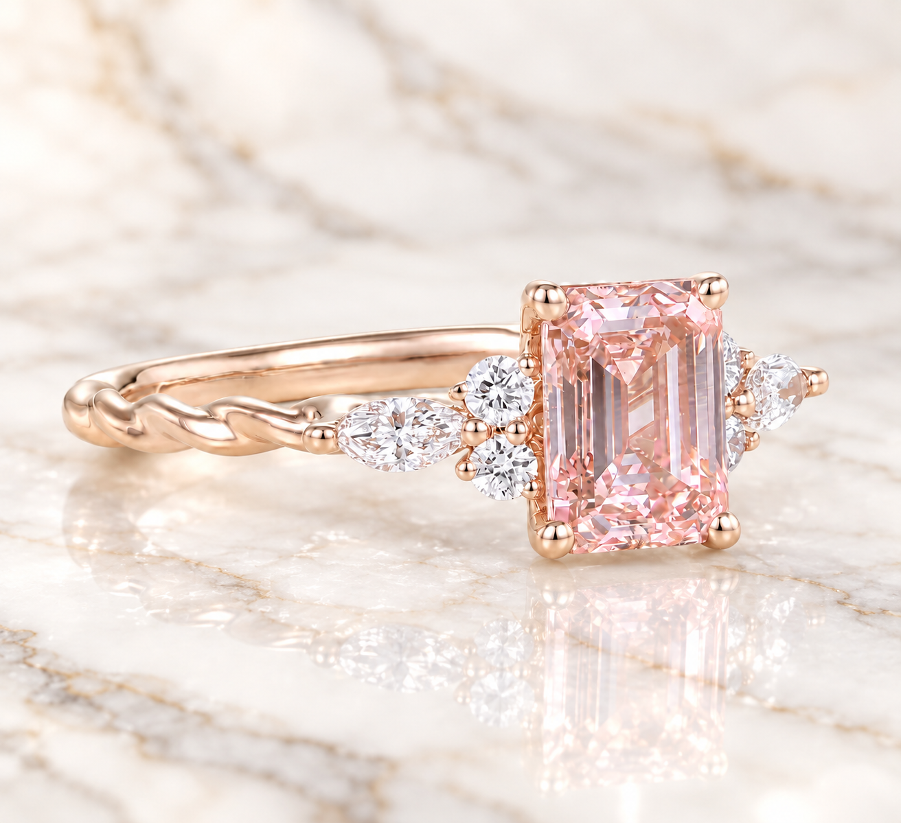 Emerald Cut Pink Lab Diamond Engagement Ring, Twisted Rose Gold Band, IGI Certified