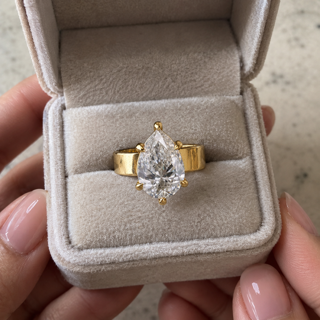 Pear Lab Grown Diamond Engagement Ring Wide Band Solitaire 14K Yellow Gold IGI Certified
