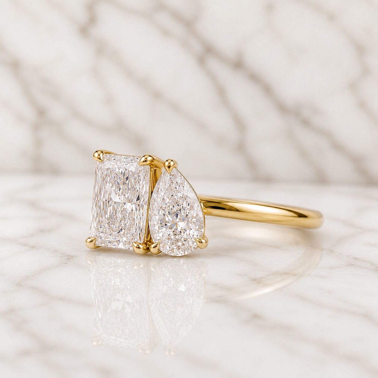 Pear & Radiant Lab Grown Diamond Toi et Moi Engagement Ring Two Stone 14K Yellow Gold Claw Prong, IGI Certified