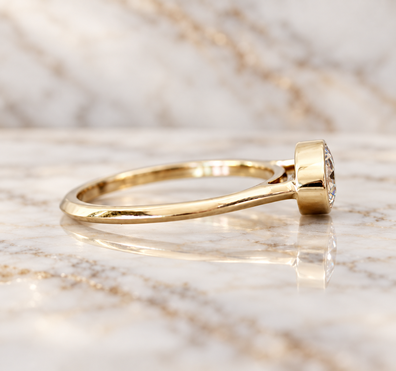 Champagne Moval Diamond Engagement Ring Bezel Set 14K Yellow Gold East West Moval