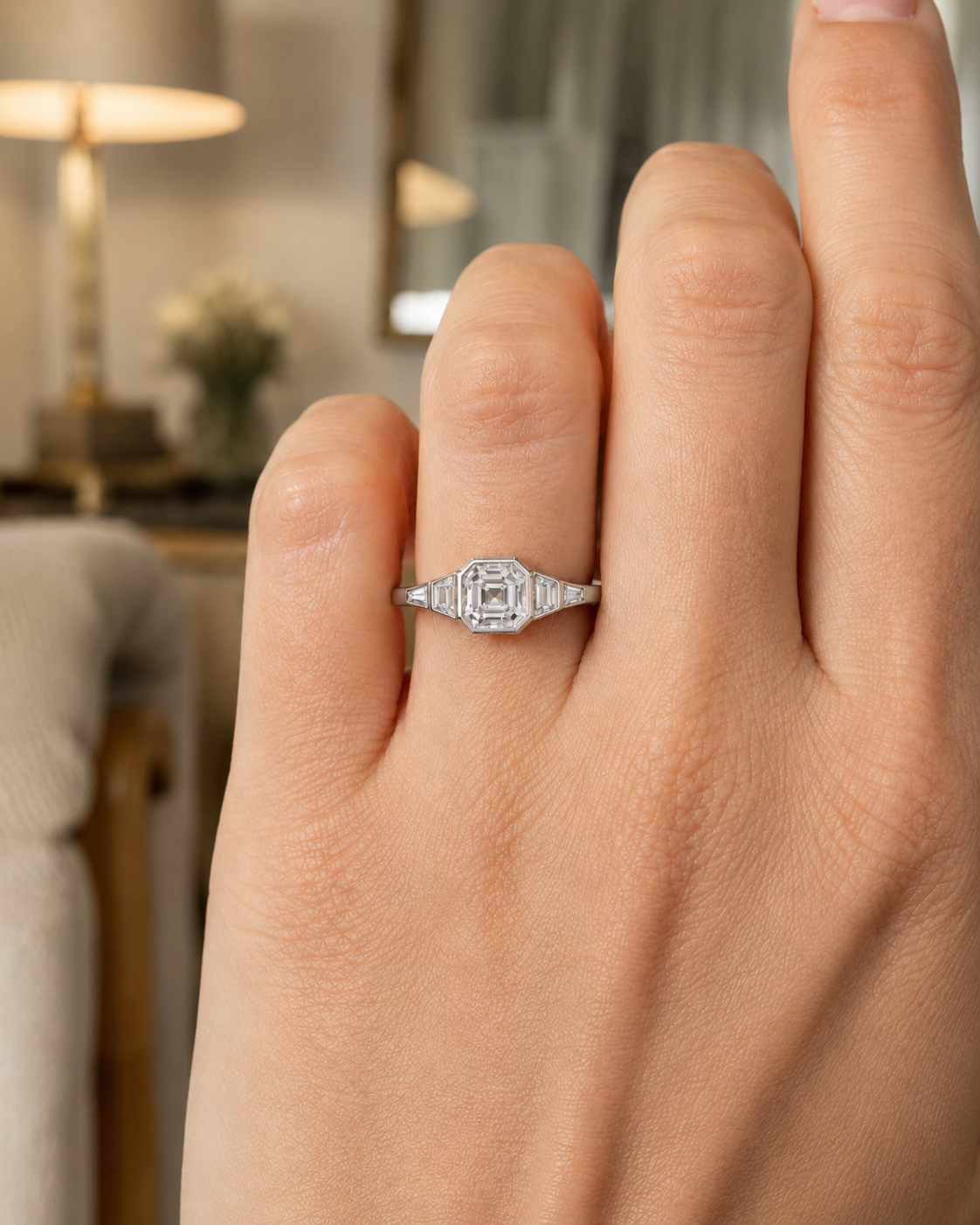 Asscher Lab Grown Diamond Engagement Ring – Five Stone Bezel 14K Gold – 2ct Art Deco Step Cut