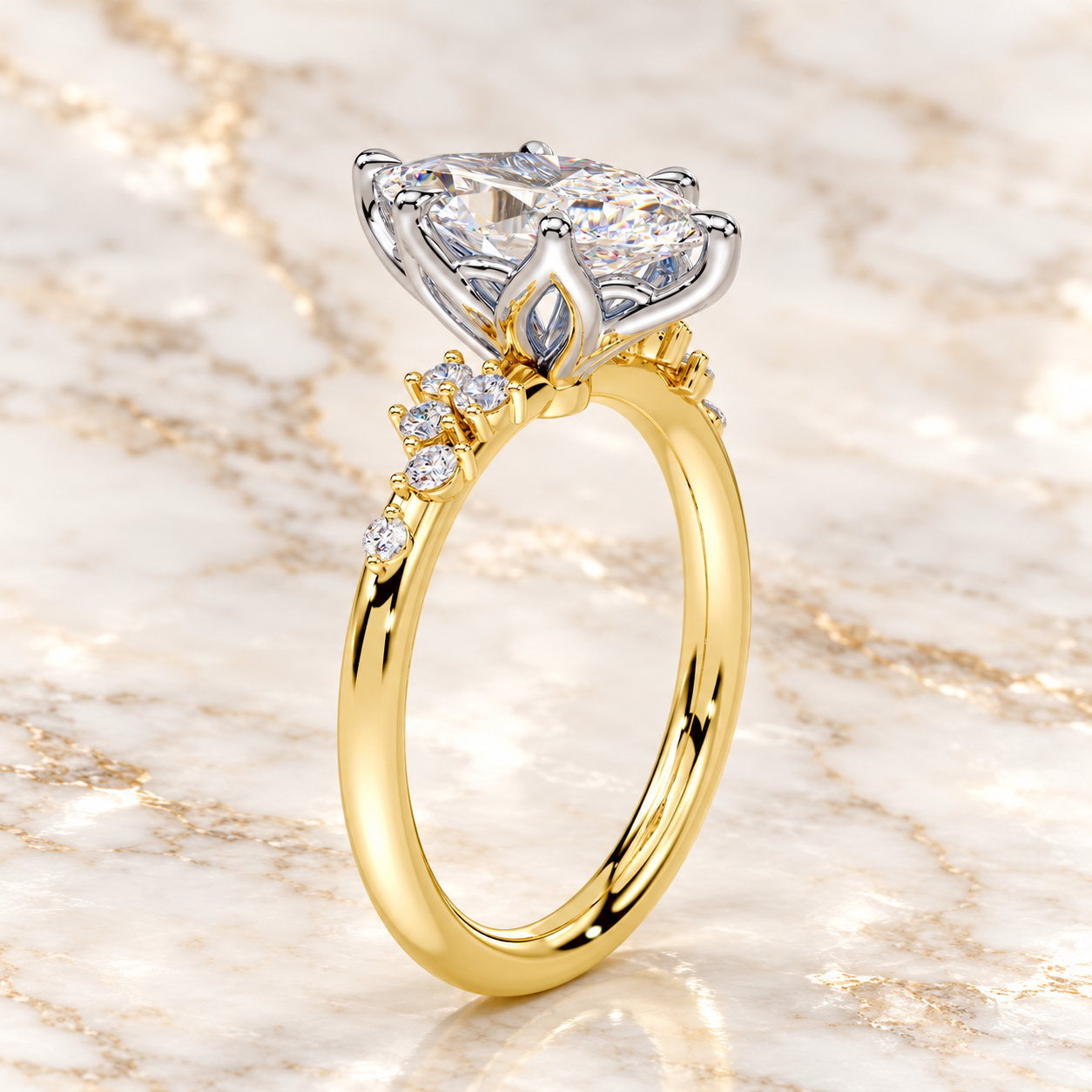 Marquise Lab Grown Diamond Engagement Ring Cluster Two Tone 14K Yellow Gold IGI Certified