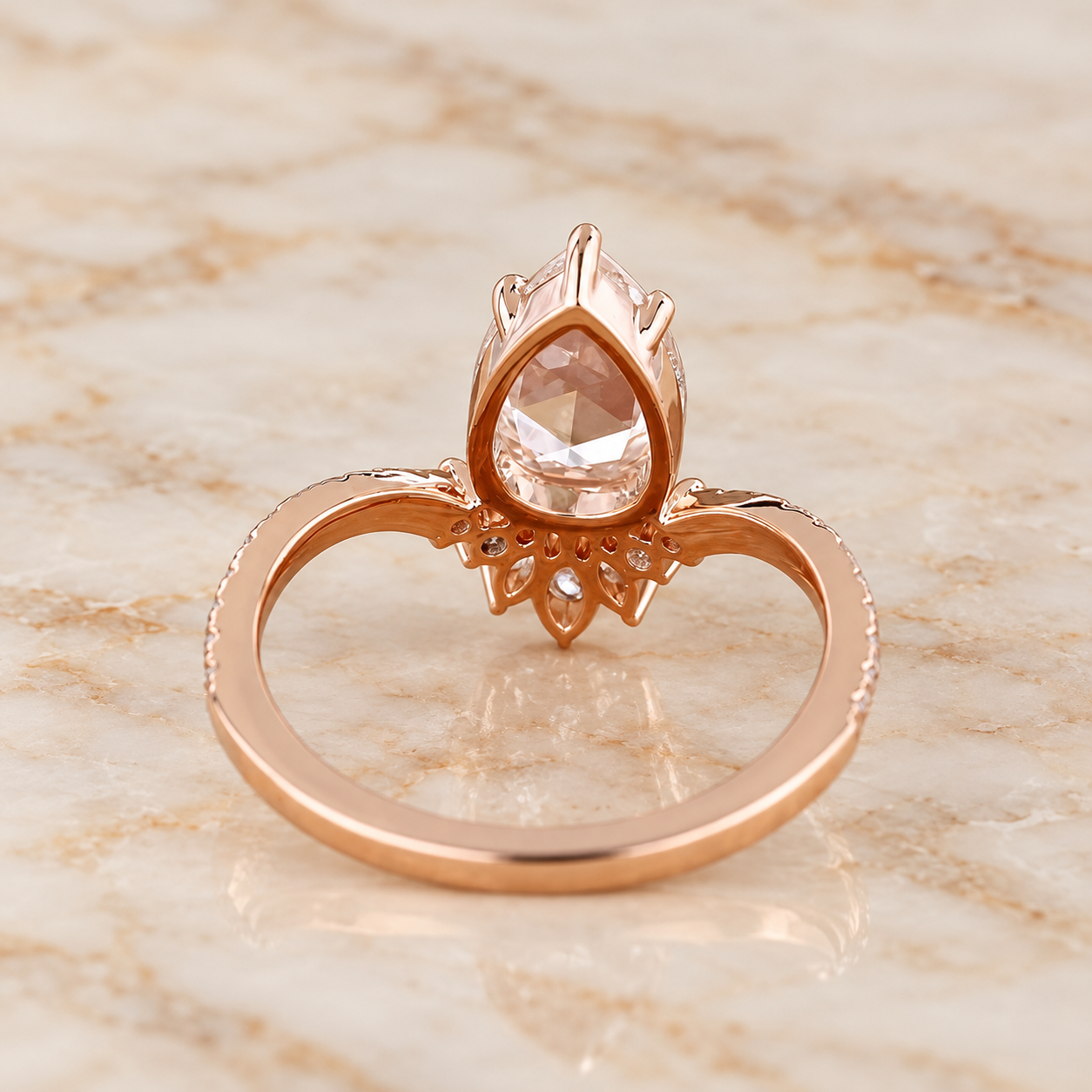 Pear Rose Cut Lab Grown Diamond Engagement Ring Claw Prong 14K Rose Gold IGI Certified