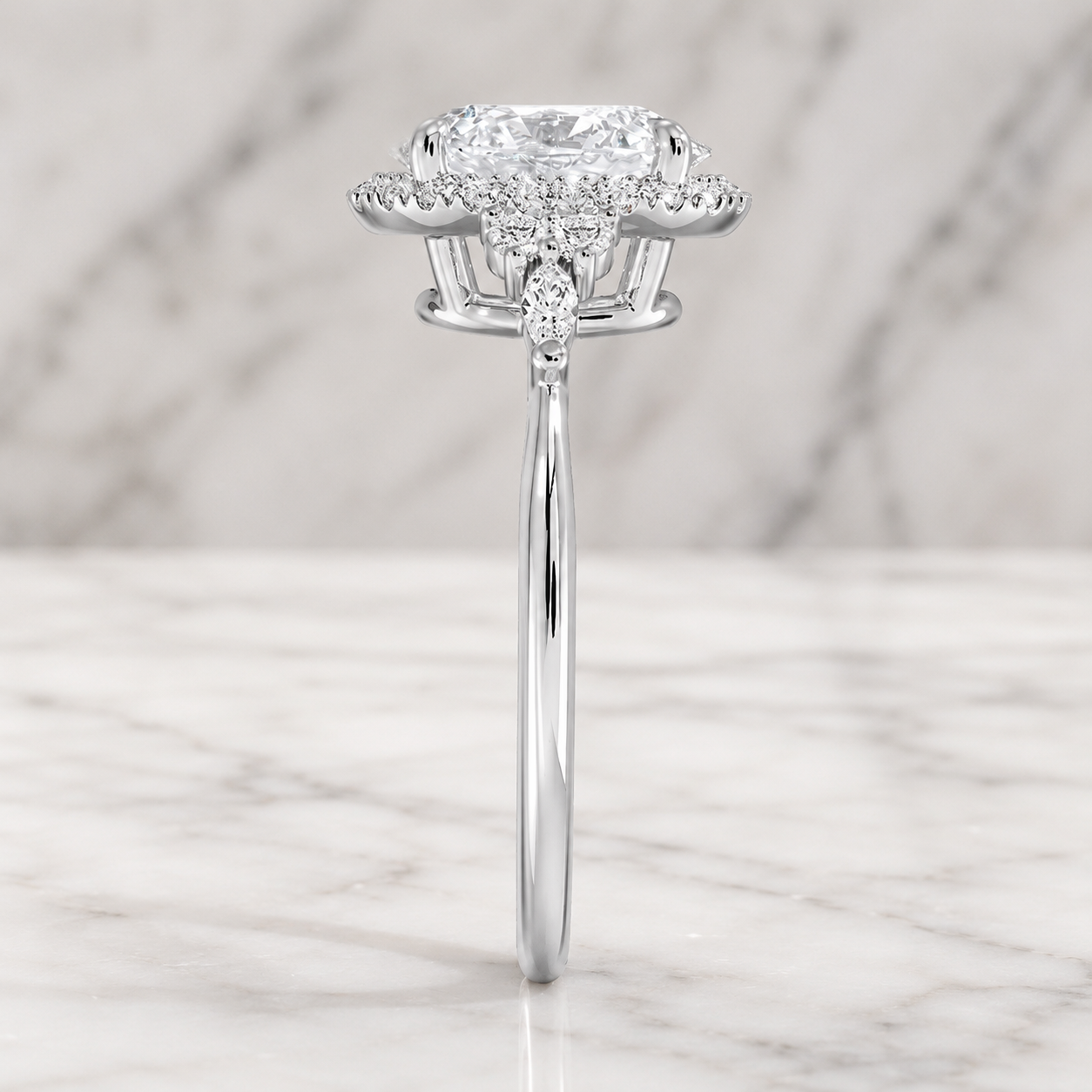 Oval Lab Grown Diamond Engagement Ring Halo with Pear Side Clusters 14K White Gold Three Stone Inspired