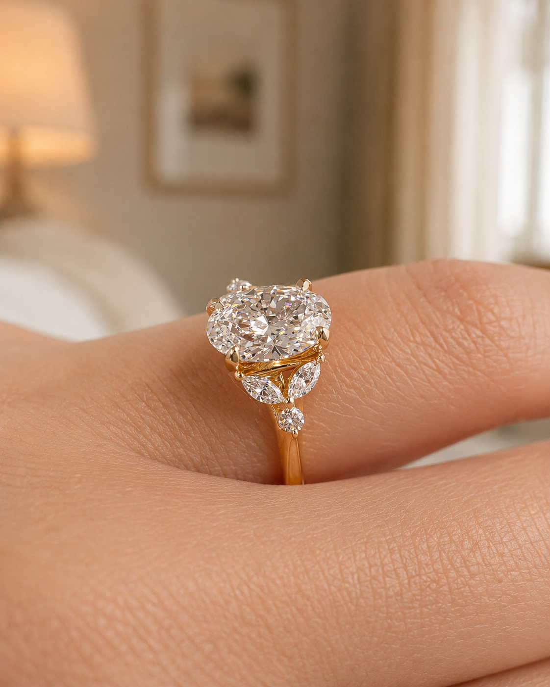 Oval Lab Grown Diamond Engagement Ring  Floral Cluster 14K Yellow Gold IGI Certified 1.54 Carat E VVS2