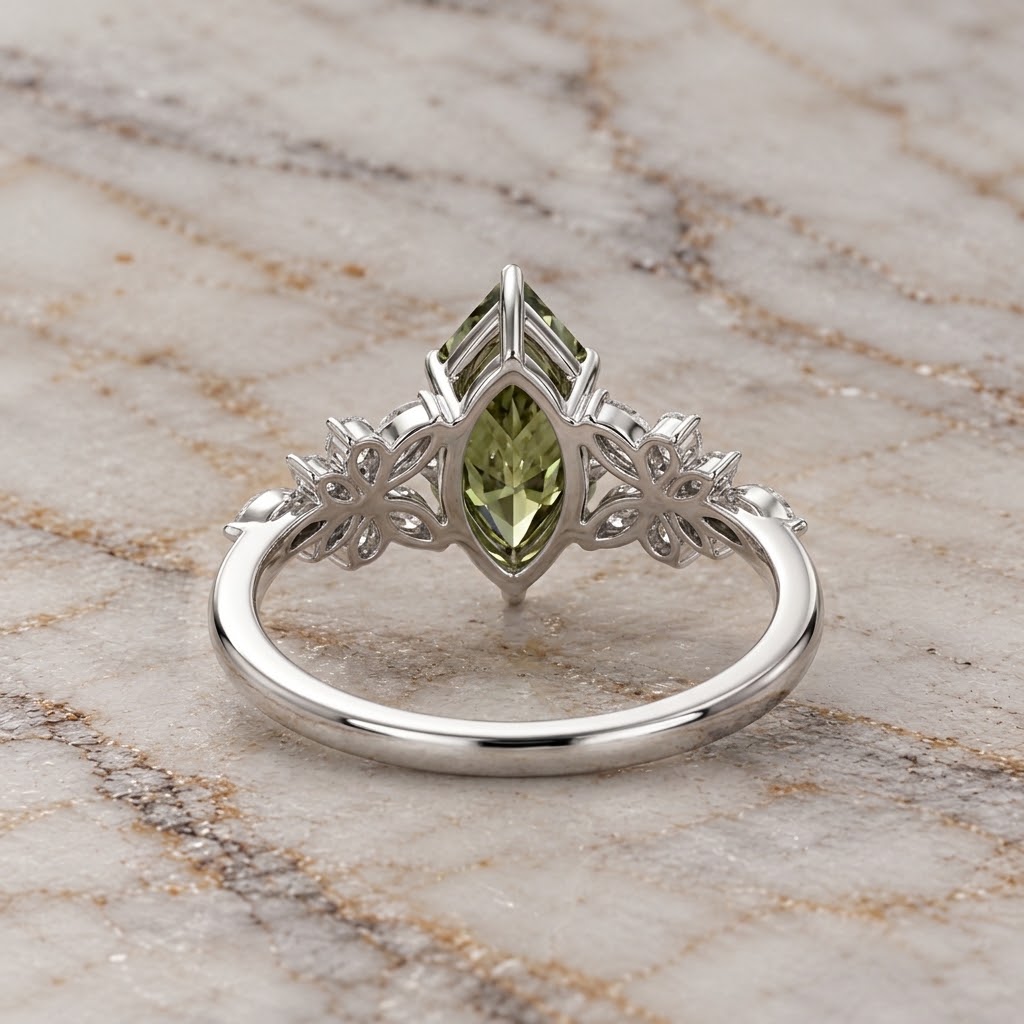 Green Marquise Lab Grown Diamond Engagement Ring Set Nature-Inspired Leaf 14K White Gold IGI Certified