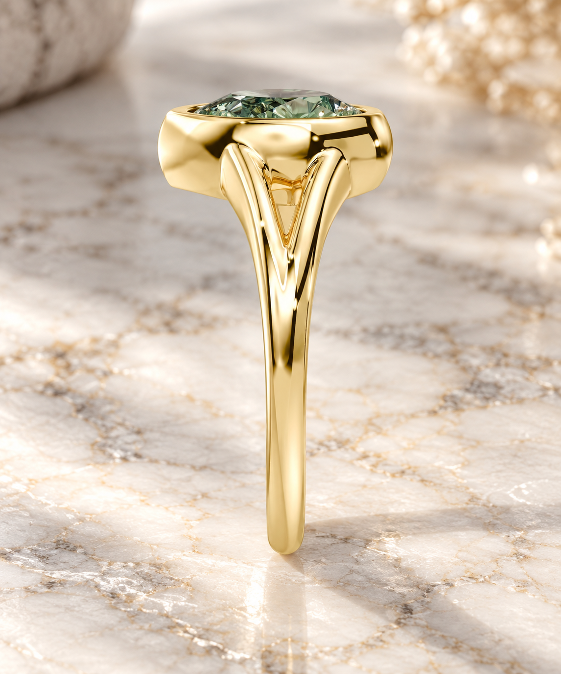 Pear Green Lab Diamond Engagement Ring, 14K Yellow Gold Bezel Split Shank