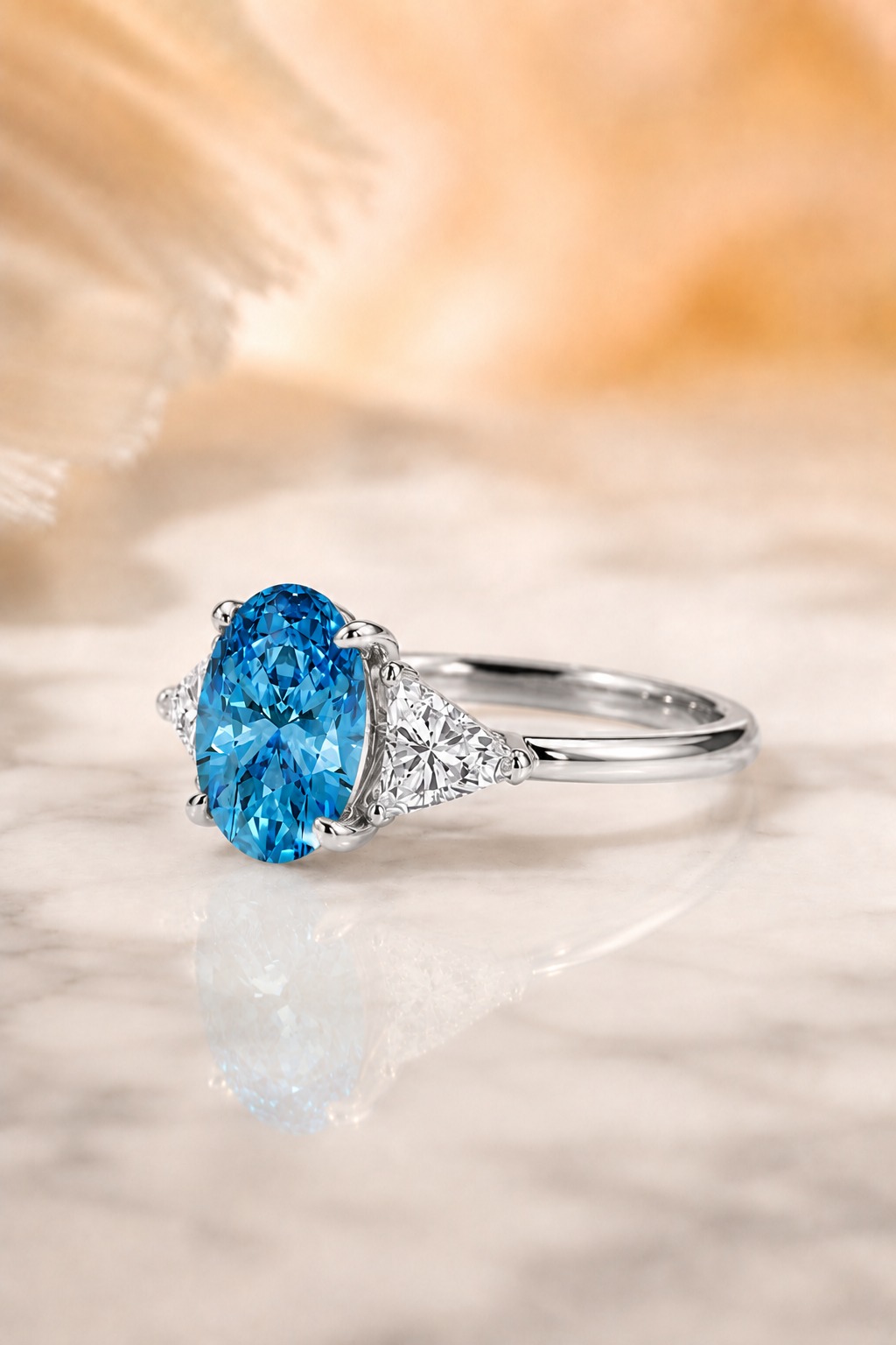 3 Ct Fancy Blue Oval Lab Grown Diamond Three-Stone Ring – 14K White Gold