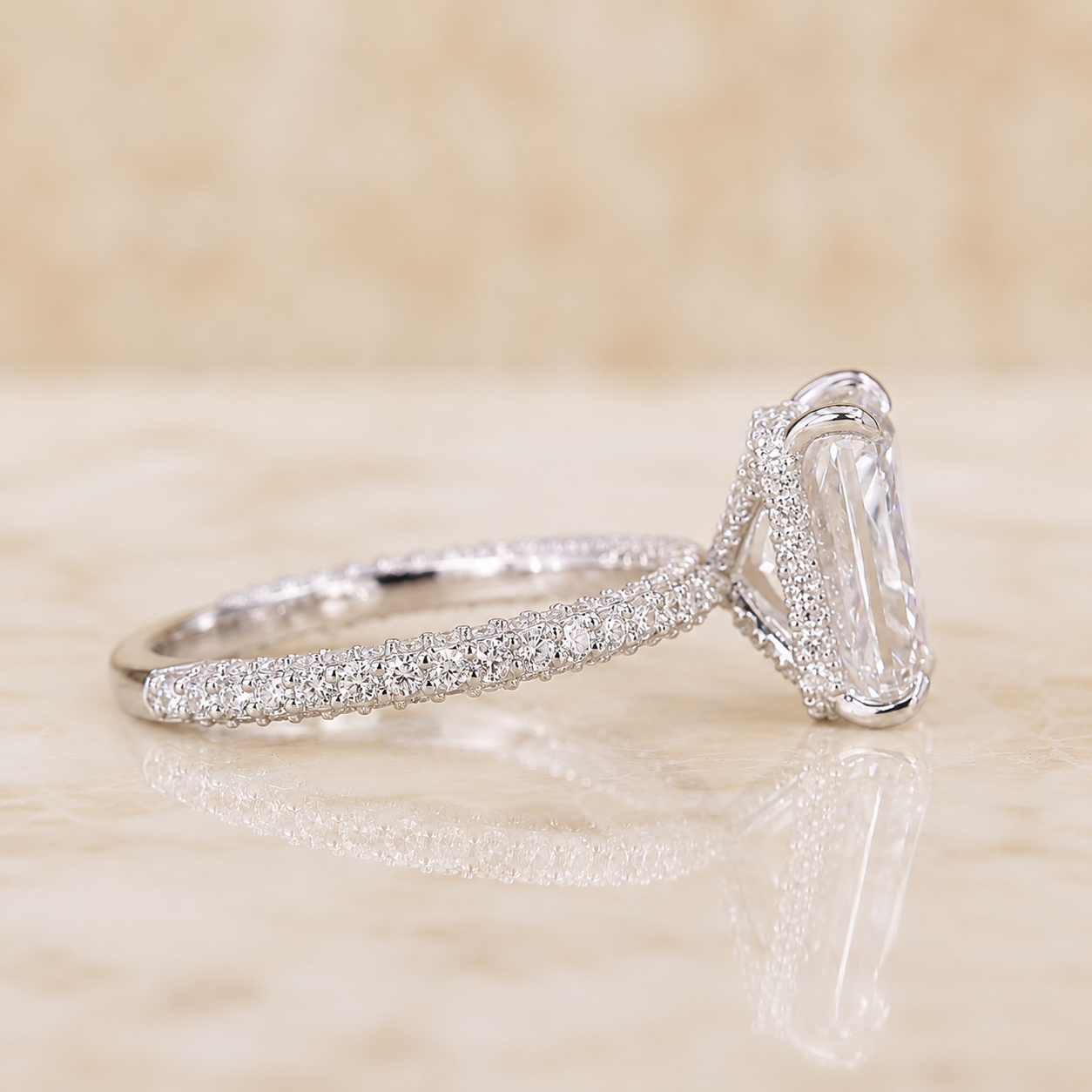 Radiant Lab Grown Diamond Engagement Ring Three-Sided Pavé Platinum IGI Certified 3.20 Carat