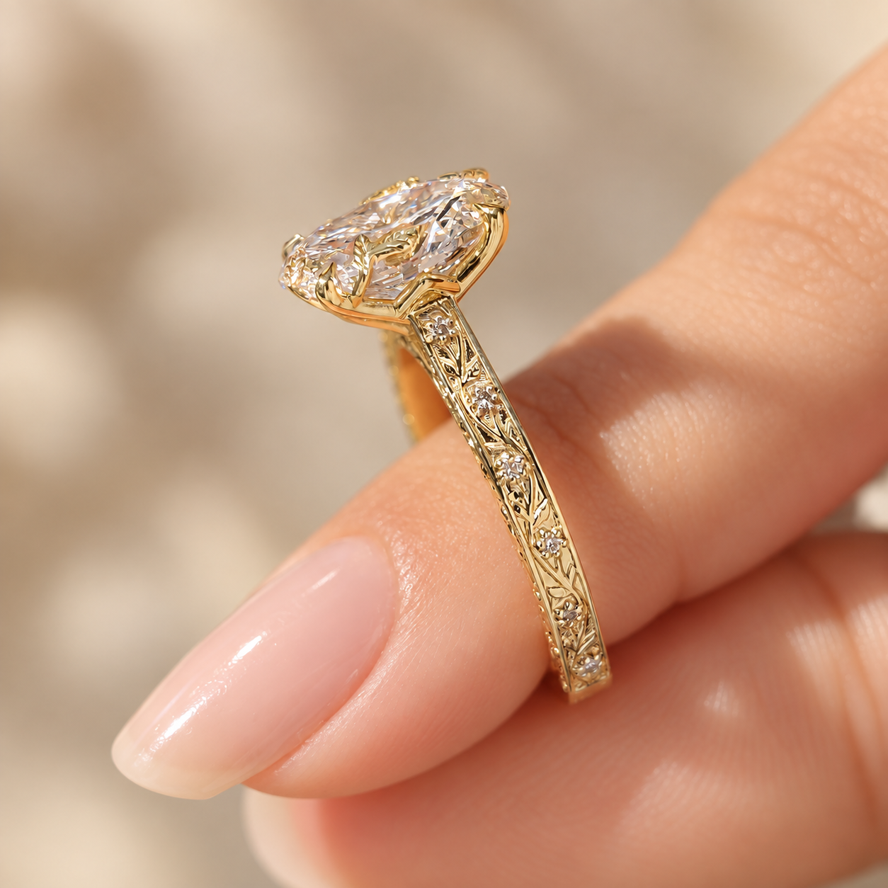 Oval Lab Grown Diamond Engagement Ring Nature Vintage Euro Shank 14K White Gold IGI Certified 2 Carat