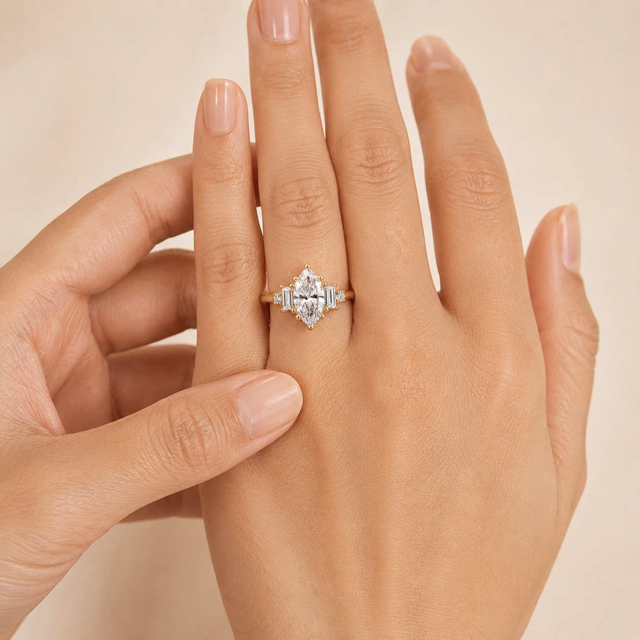 Marquise Lab Grown Diamond Engagement Ring Five Stone 14K Yellow Gold Baguette & Round Sides, IGI Certified