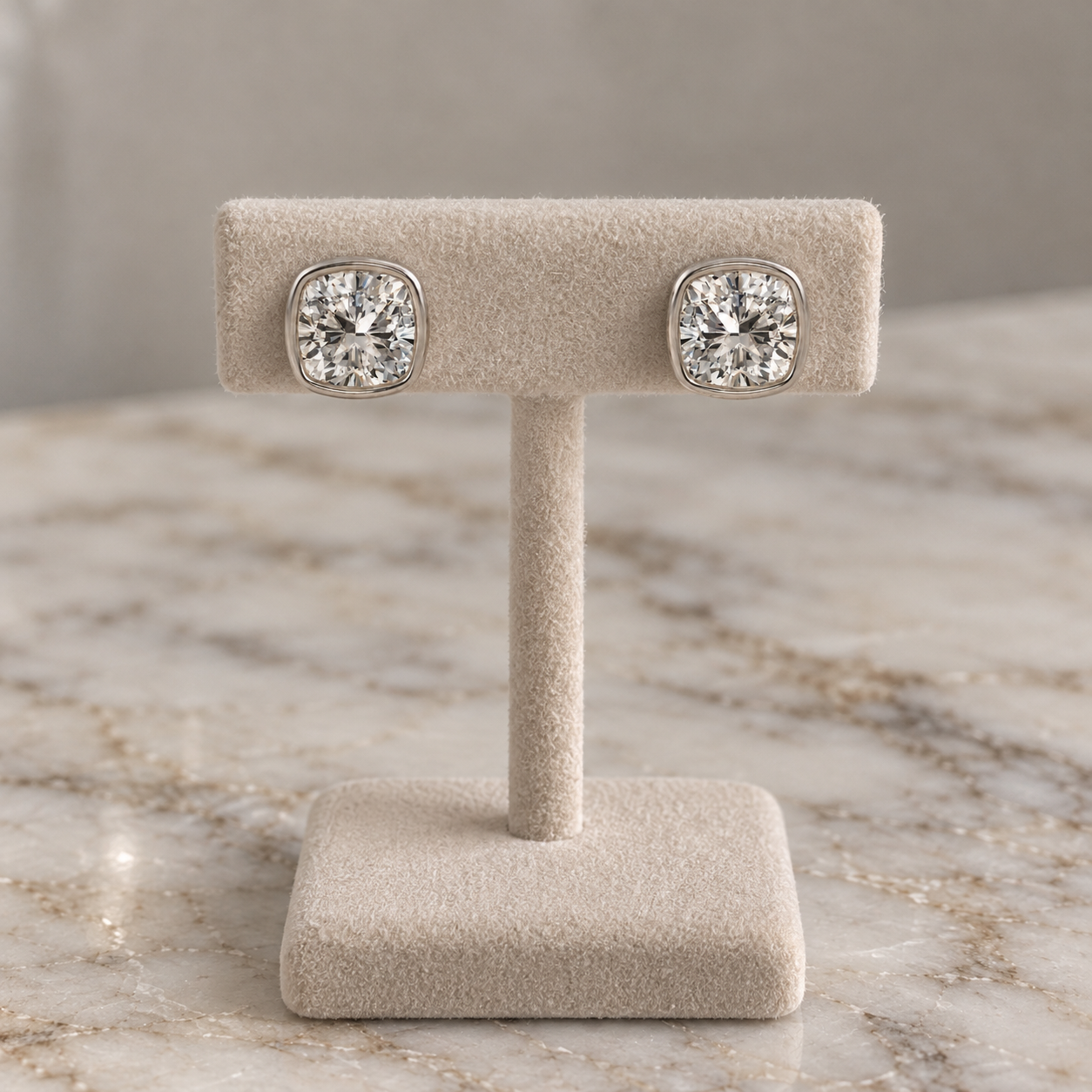 Cushion Lab Grown Diamond Stud Earrings Bezel Solitaire Platinum IGI Certified E VVS2