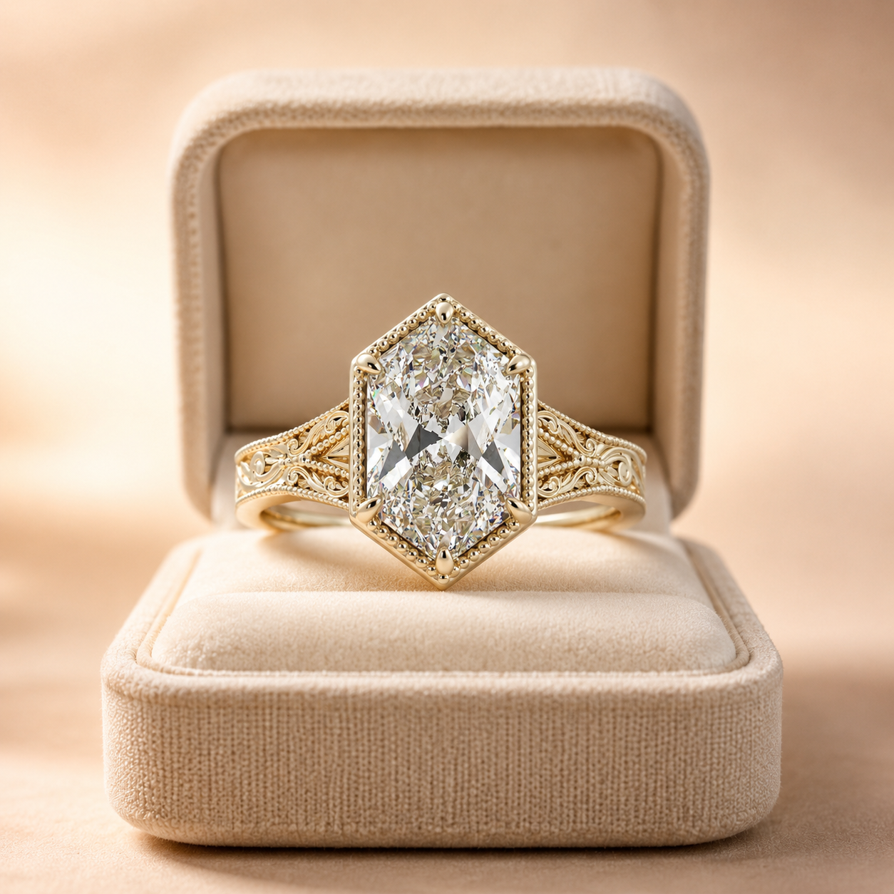 Duchess Cut Lab Grown Diamond Engagement Ring Split Shank 14K Yellow Gold Milgrain Bezel
