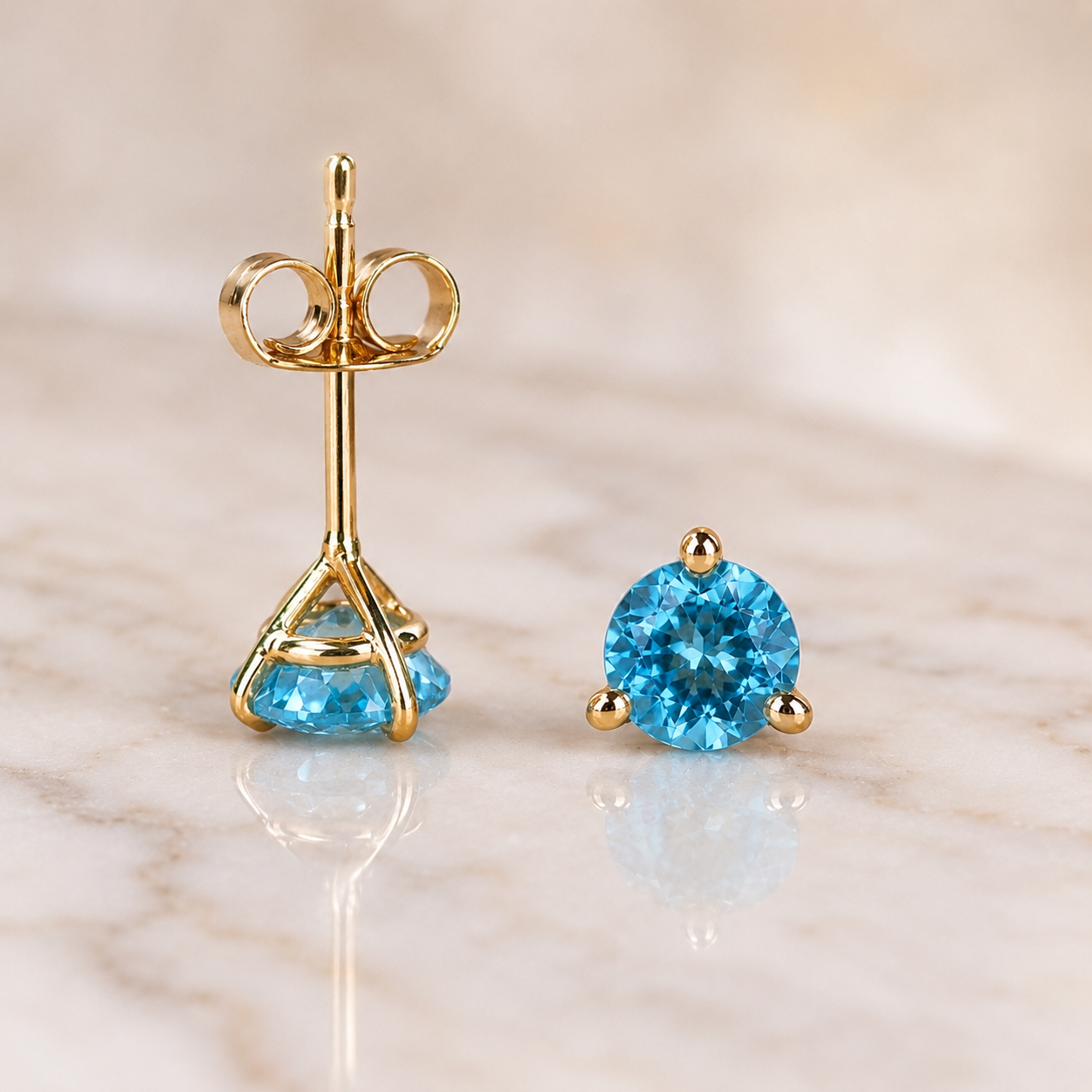 Round Blue Topaz Stud Earrings Solitaire Prong 14K Yellow Gold 1.93 cttw Push Back