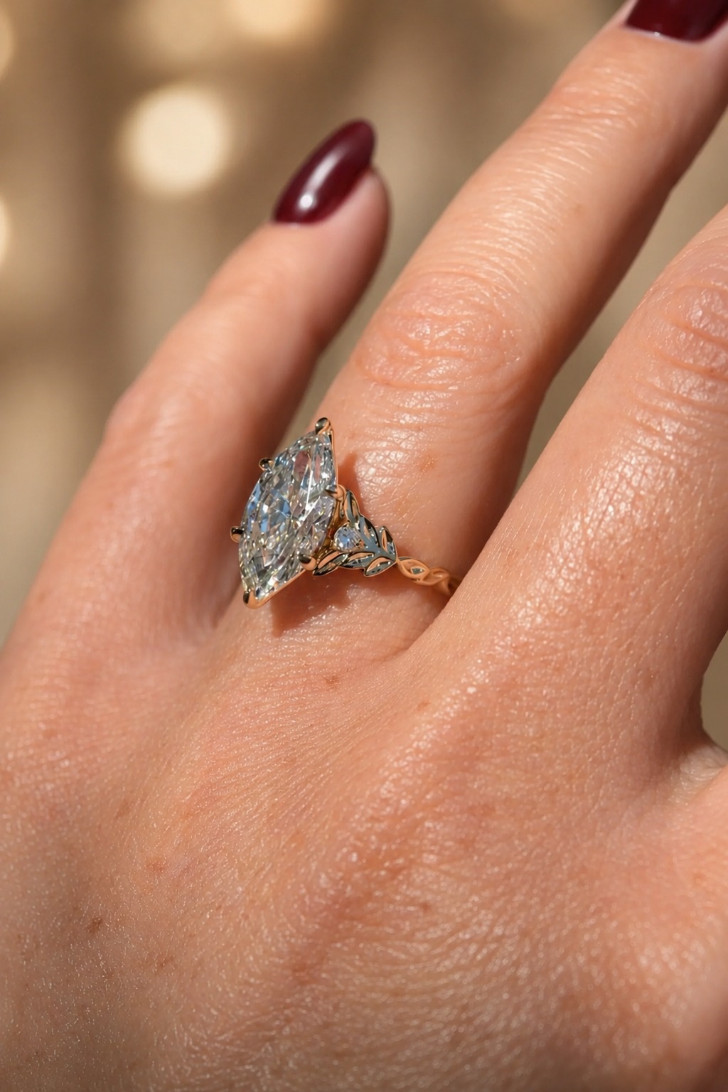 3.02ct Marquise Lab Grown Diamond Engagement Ring – 14K Yellow Gold Floral Leaf Setting