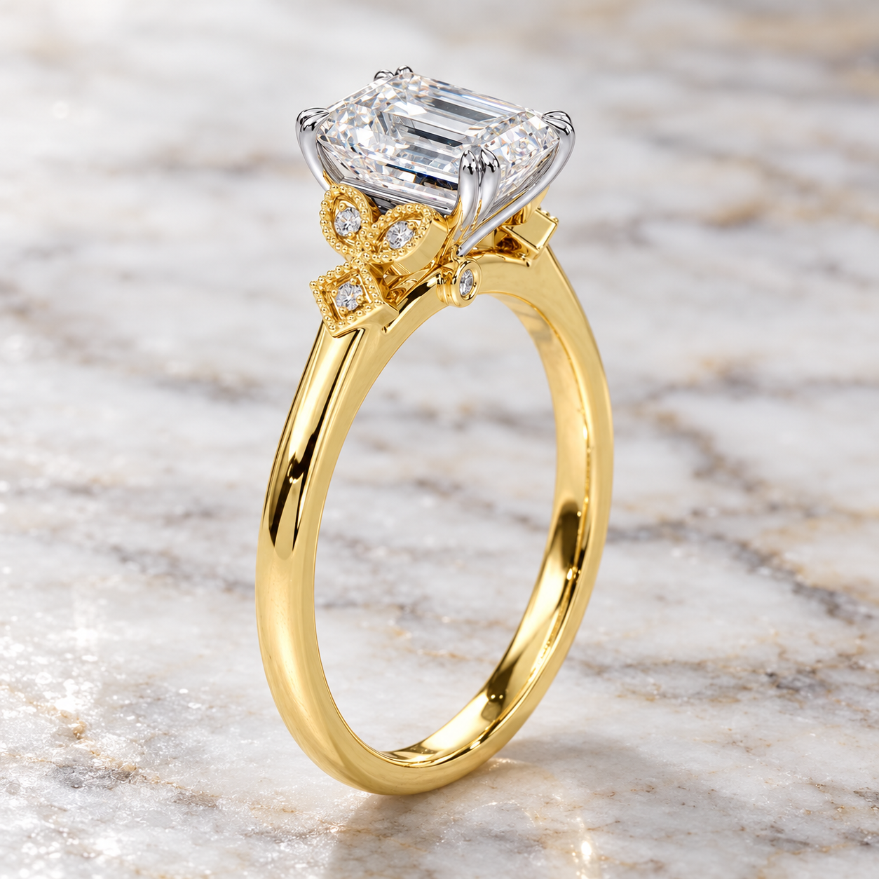 Emerald Cut Lab Grown Diamond Engagement Ring Vintage Milgrain 14K Two Tone Gold Accent Diamond Shoulders