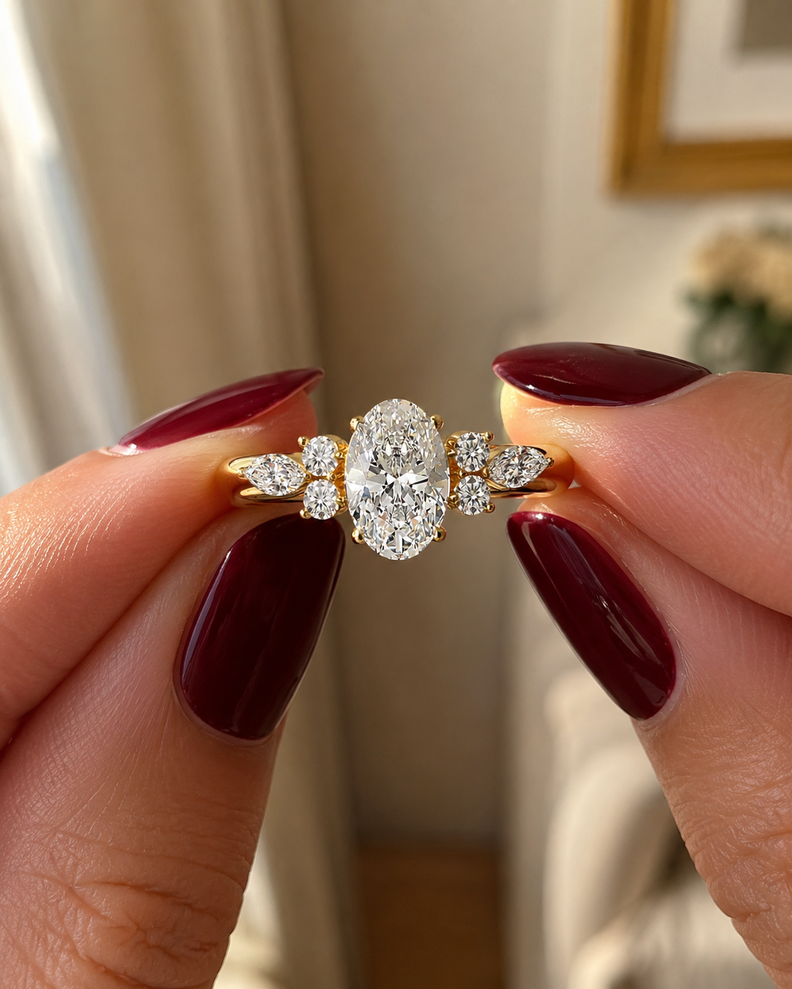 Oval Lab Grown Diamond Engagement Ring – Cluster 14K Yellow Gold – 0.90 ctw E VVS2