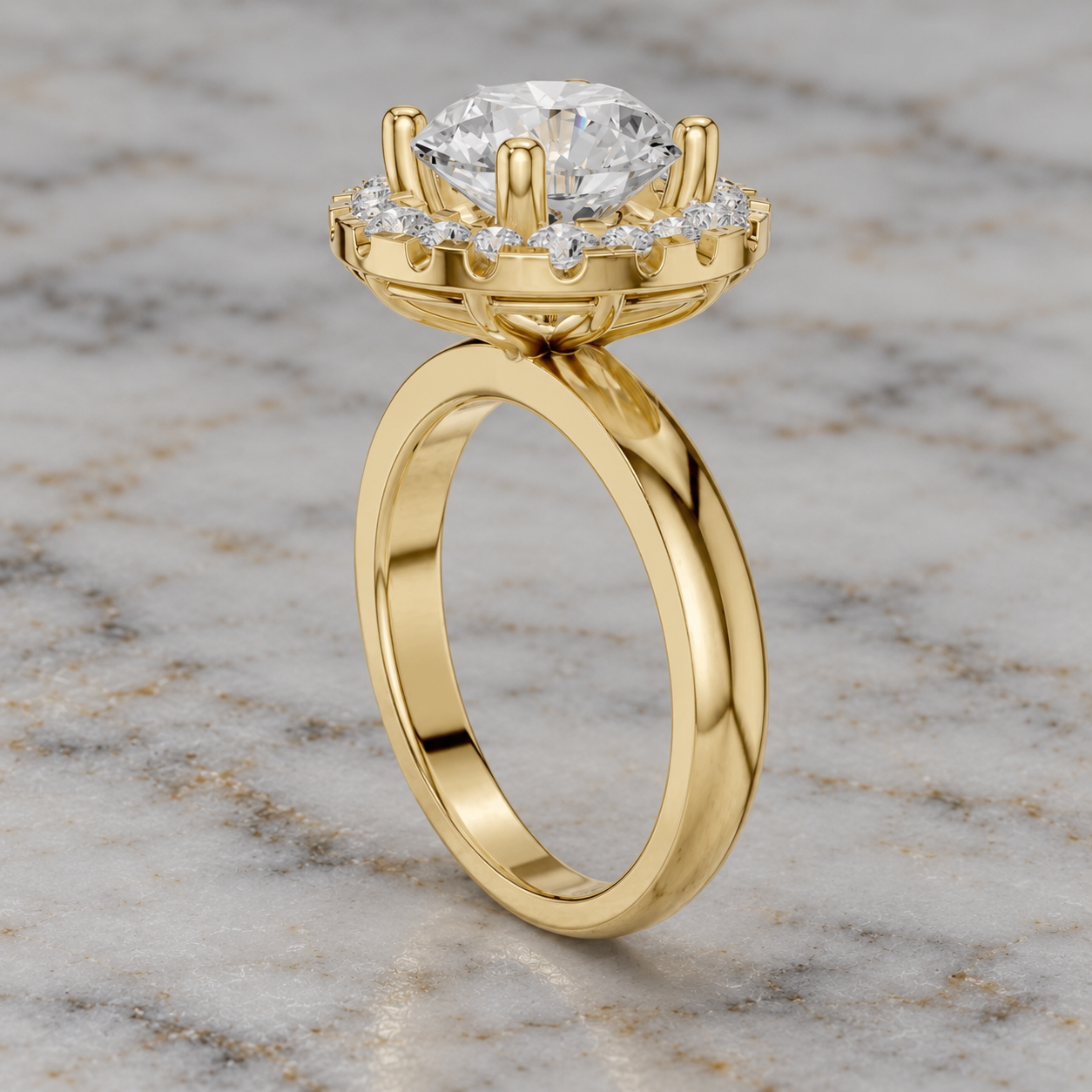 Round Lab Grown Diamond Engagement Ring Vintage Halo 18K Yellow Gold IGI Certified