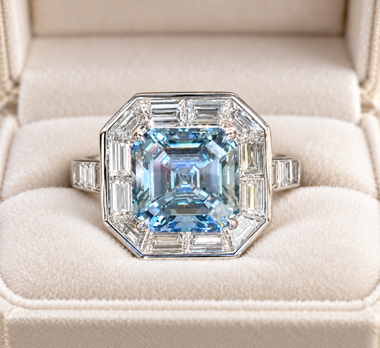 Blue Asscher Cut Lab Grown Diamond Engagement Ring Baguette Halo 14K White Gold Vintage-Inspired Setting
