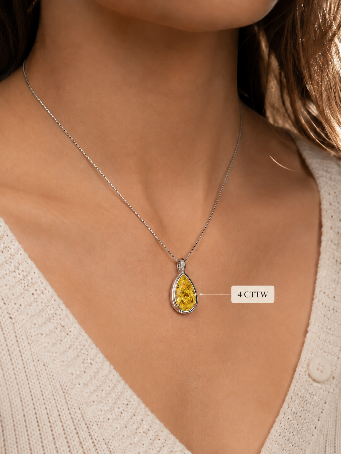 Yellow Pear Lab Diamond Pendant Necklace, 14K White Gold Bezel Solitaire (IGI Certified)