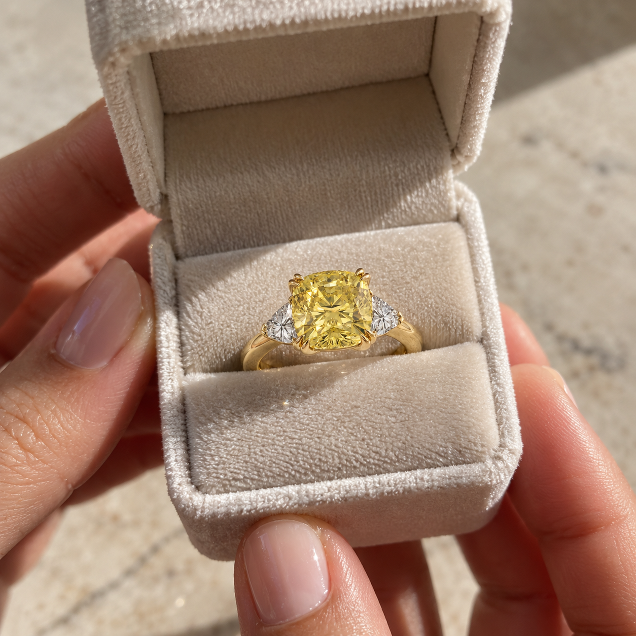 Fancy Yellow Cushion Lab Grown Diamond Engagement Ring – Three Stone 14K Yellow Gold Trillion Accents