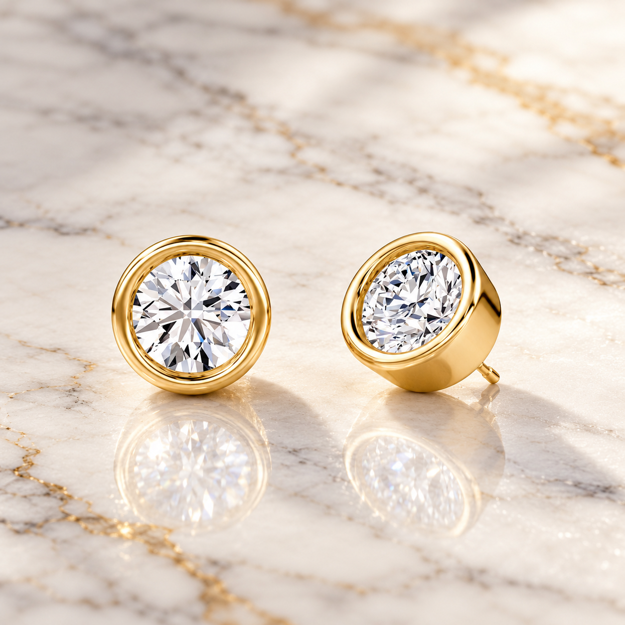 Lab Grown Diamond Stud Earrings Round Bezel Set 14K Yellow Gold IGI Certified