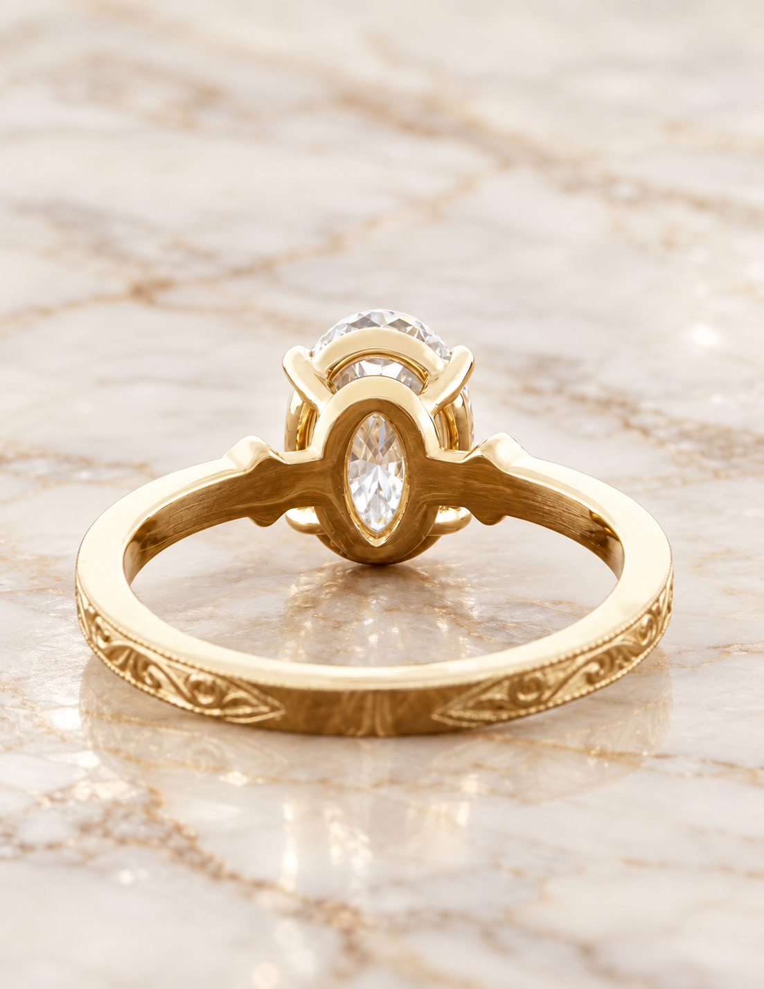 Oval Lab Grown Diamond Engagement Ring Three Stone 14K Yellow Gold Hand-Engraved Vintage Setting