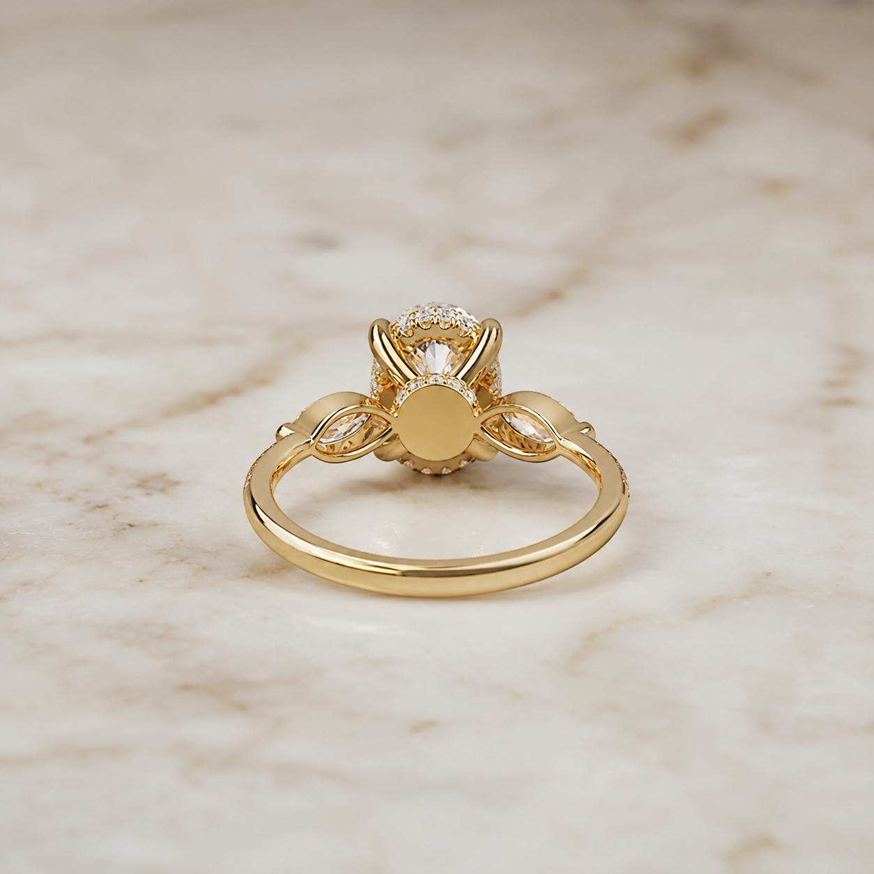 Oval Lab Grown Diamond Engagement Ring  Marquise Side Stone Pavé 14K Yellow Gold IGI Certified 2ct