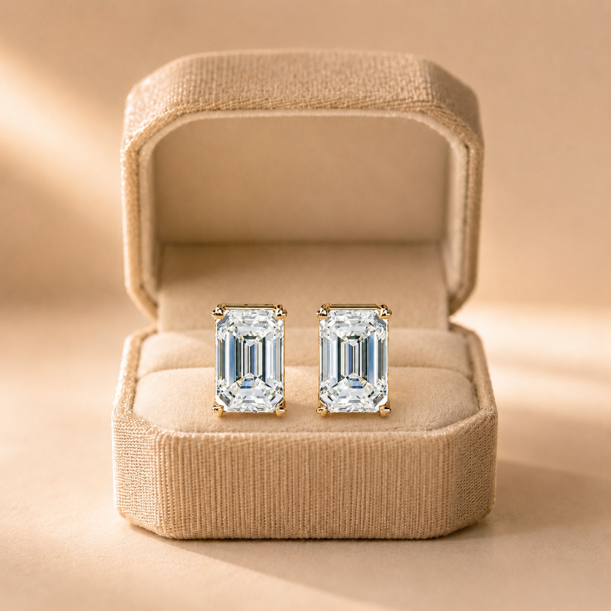 Emerald Cut Lab Grown Diamond Stud Earrings Four-Prong Solitaire 14K Yellow Gold  IGI Certified 10ct