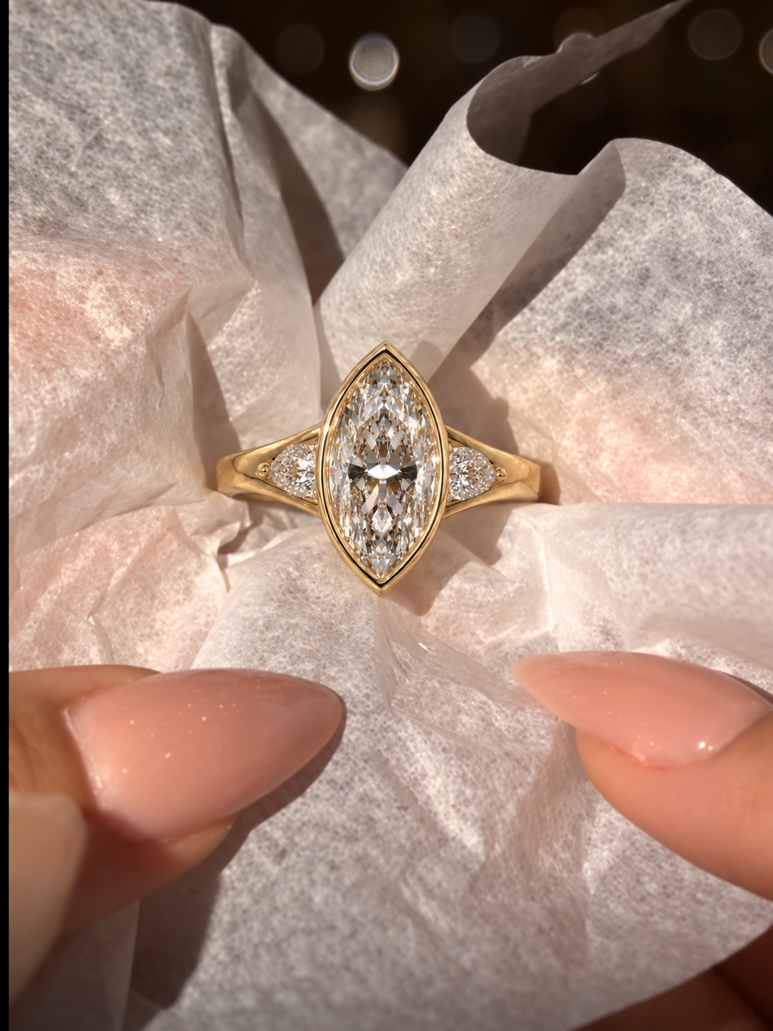 Marquise Lab-Grown Diamond Bezel Engagement Ring, Pear Side Stones, 14K Rose Gold (IGI Certified)
