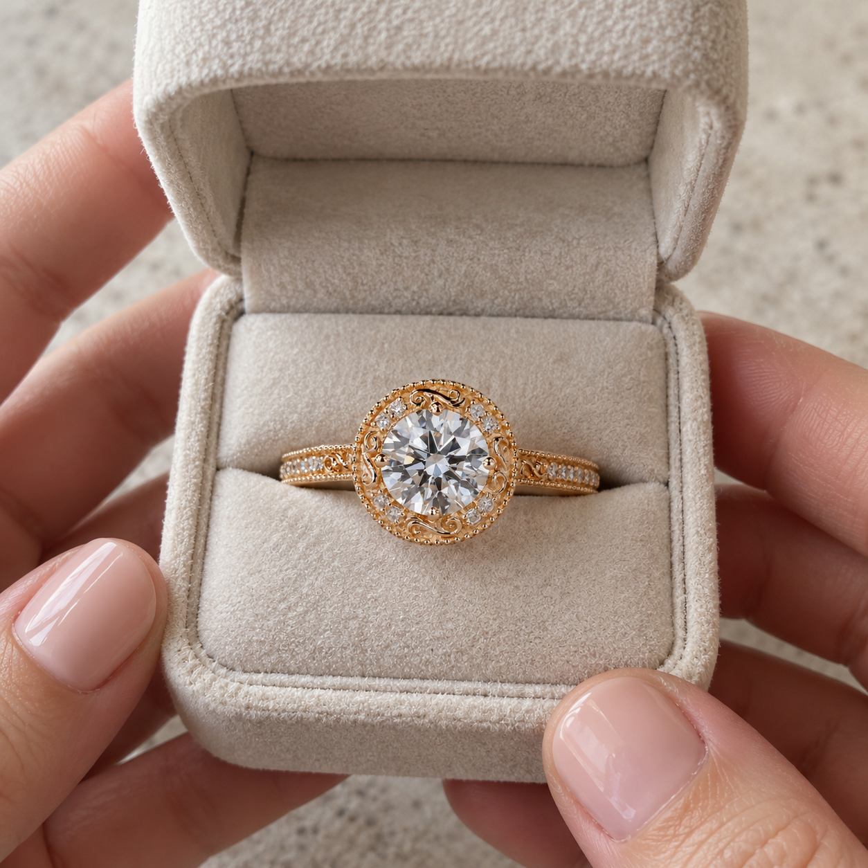 Round Lab Grown Diamond Engagement Ring Vintage Halo 14K Yellow Gold IGI Certified E VVS2