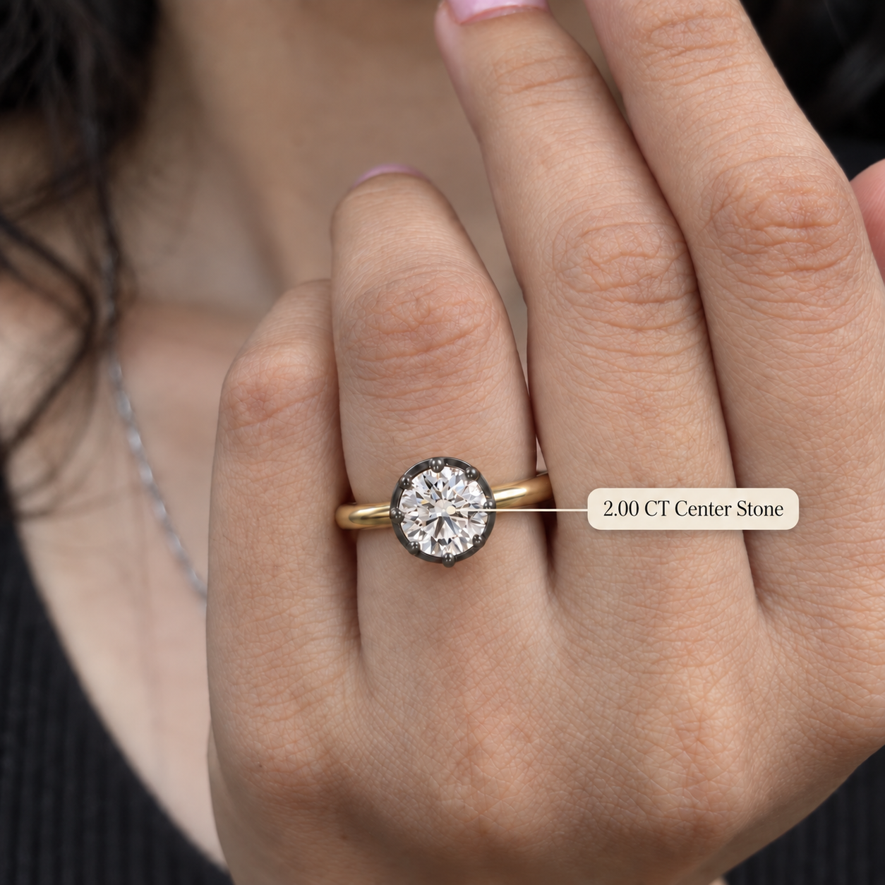 Lab-Grown Diamond Engagement Ring: Black Gold Bezel-Prong Setting, 14K Yellow Gold Band