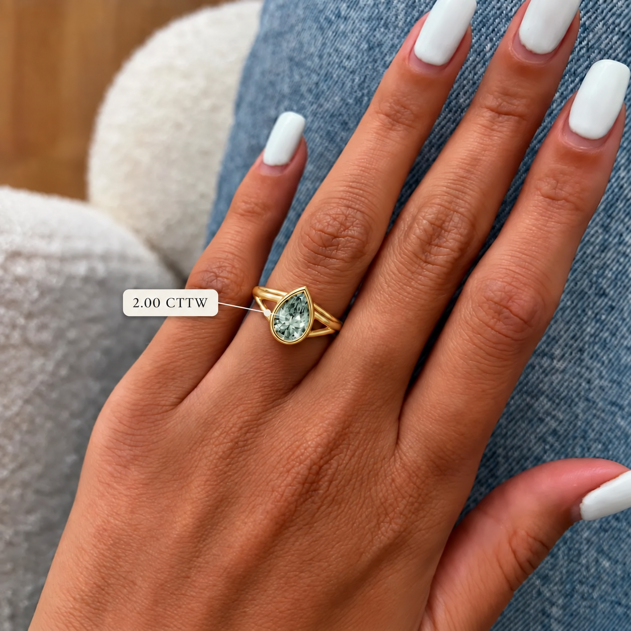 Pear Green Lab Diamond Engagement Ring, 14K Yellow Gold Bezel Split Shank