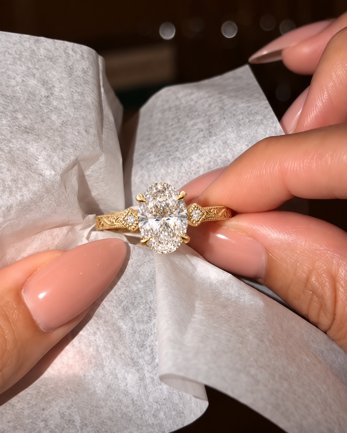 Oval Lab Grown Diamond Engagement Ring Three Stone 14K Yellow Gold Hand-Engraved Vintage Setting