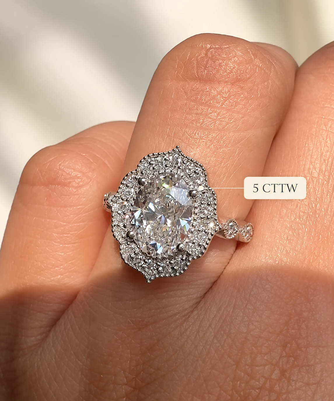 Oval Lab Grown Diamond Engagement Ring Vintage Floral Double Halo 14K White Gold Milgrain E VVS2
