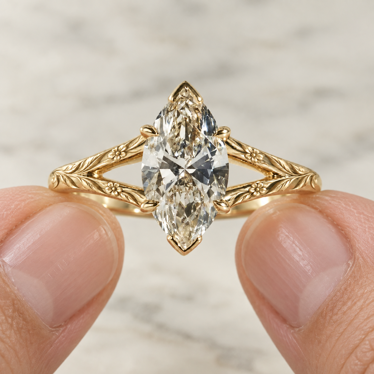 Marquise Lab Grown Diamond Engagement Ring Split Shank Solitaire 14K Yellow Gold Elongated Center Stone