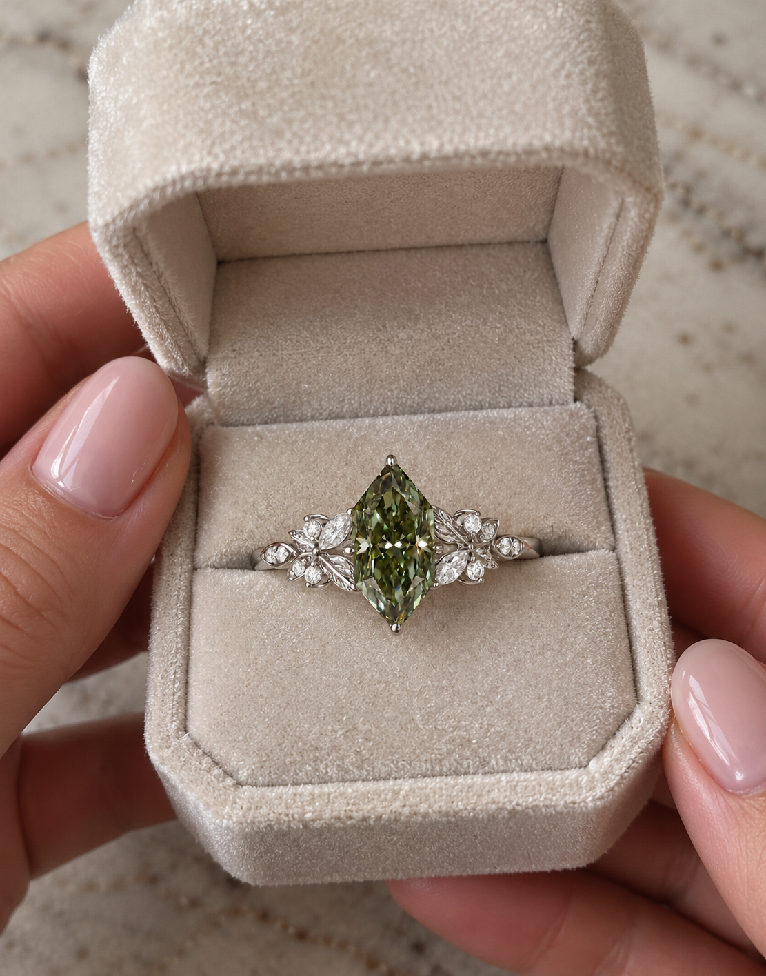 Green Marquise Lab Grown Diamond Engagement Ring Set Nature-Inspired Leaf 14K White Gold IGI Certified
