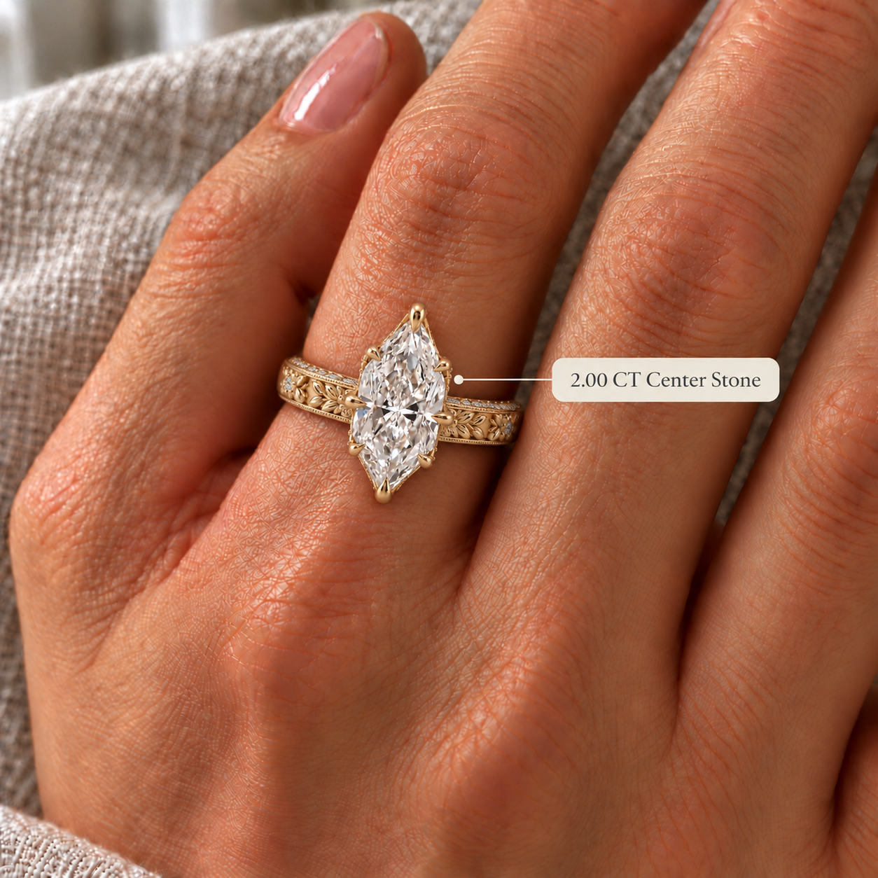 Dutch Marquise Lab Grown Diamond Engagement Ring Floral Vintage 14K Yellow Gold IGI Certified Solitaire