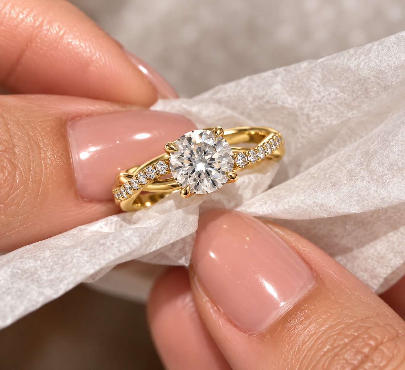 Round Lab Grown Diamond Engagement Ring Twisted Vine Band 14K Yellow IGI Certified