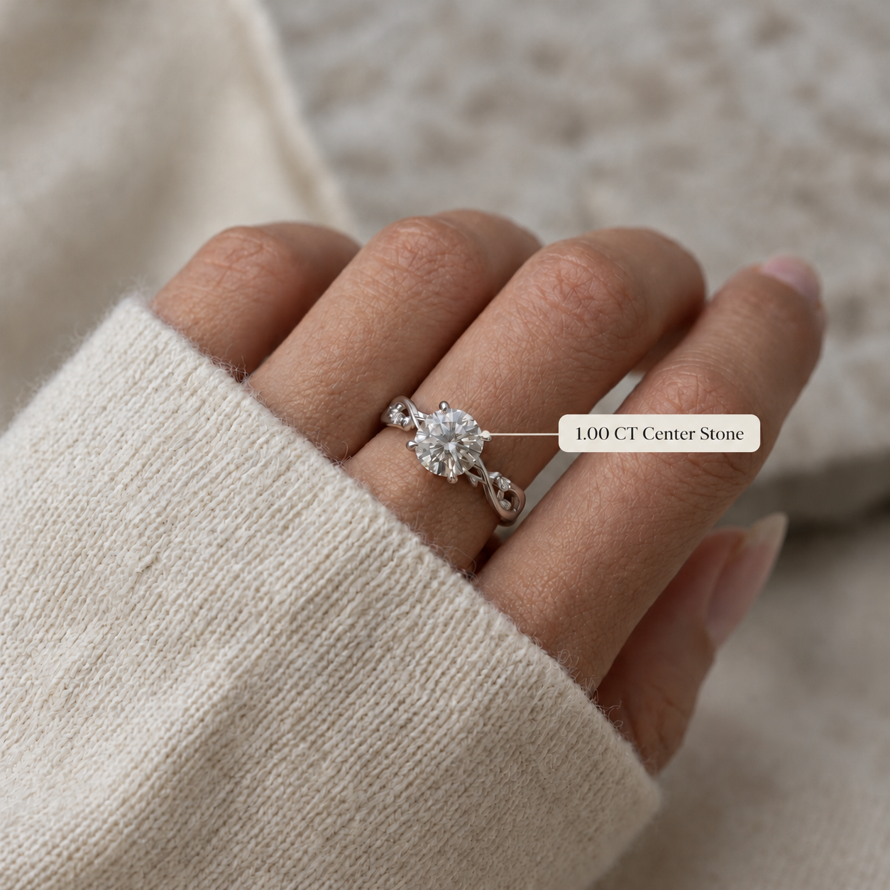 Round Engagement Ring Twisted Vine Shank 14K White Gold Colorless VVS2
