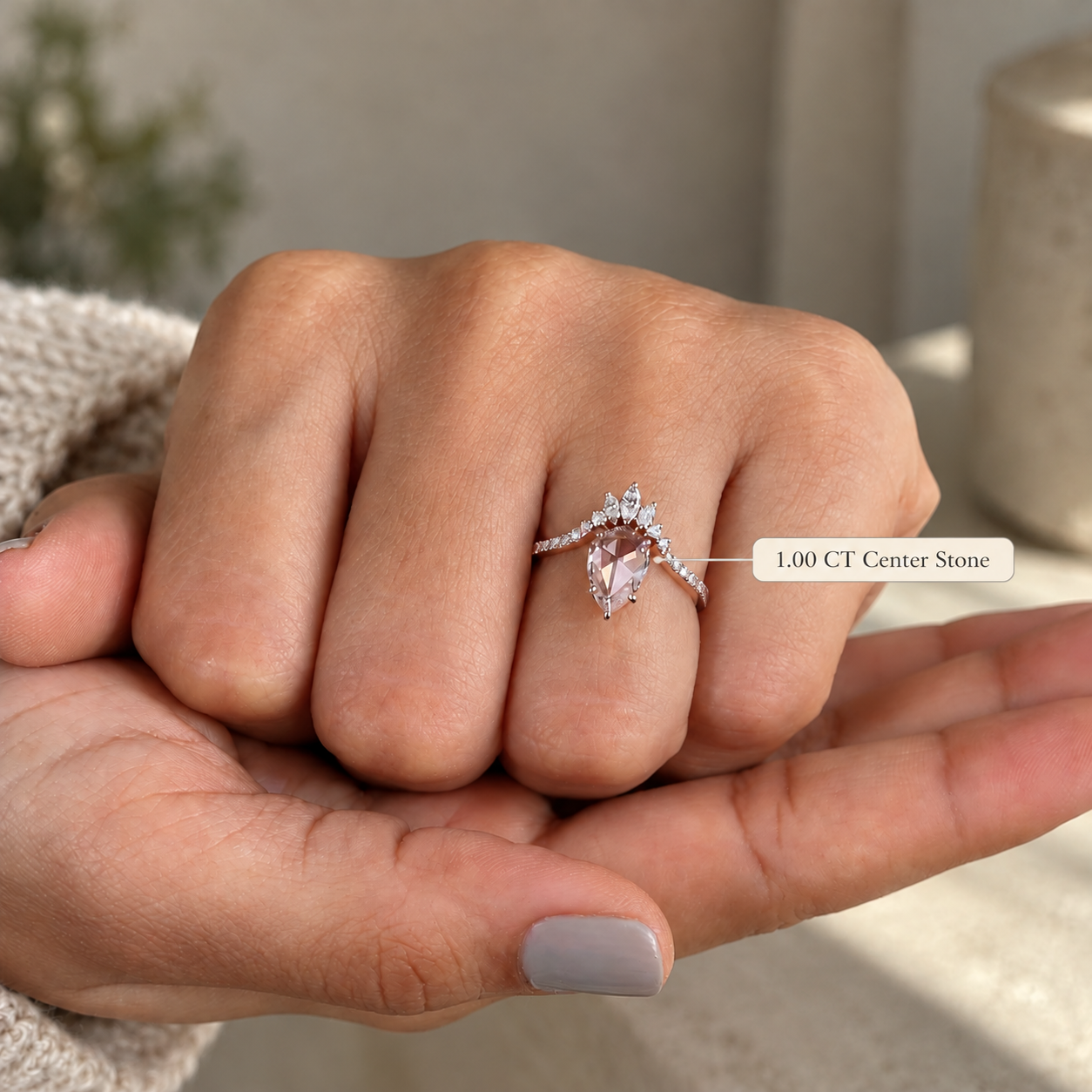 Pear Rose Cut Lab Grown Diamond Engagement Ring Claw Prong 14K Rose Gold IGI Certified