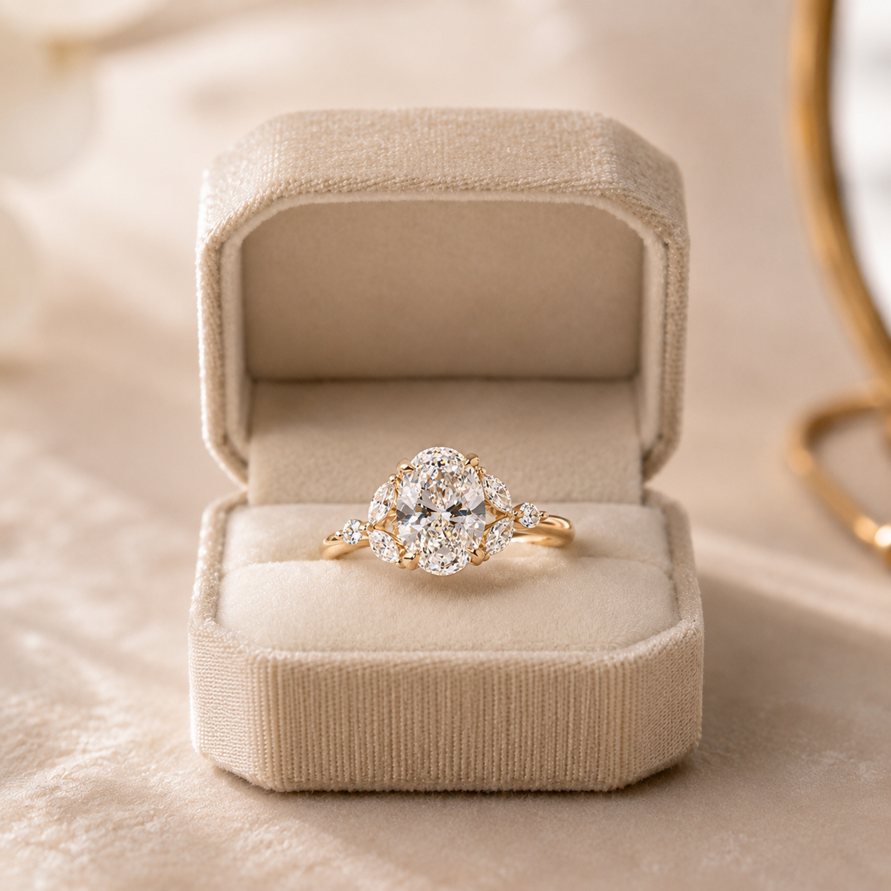 Oval Lab Grown Diamond Engagement Ring  Floral Cluster 14K Yellow Gold IGI Certified 1.54 Carat E VVS2