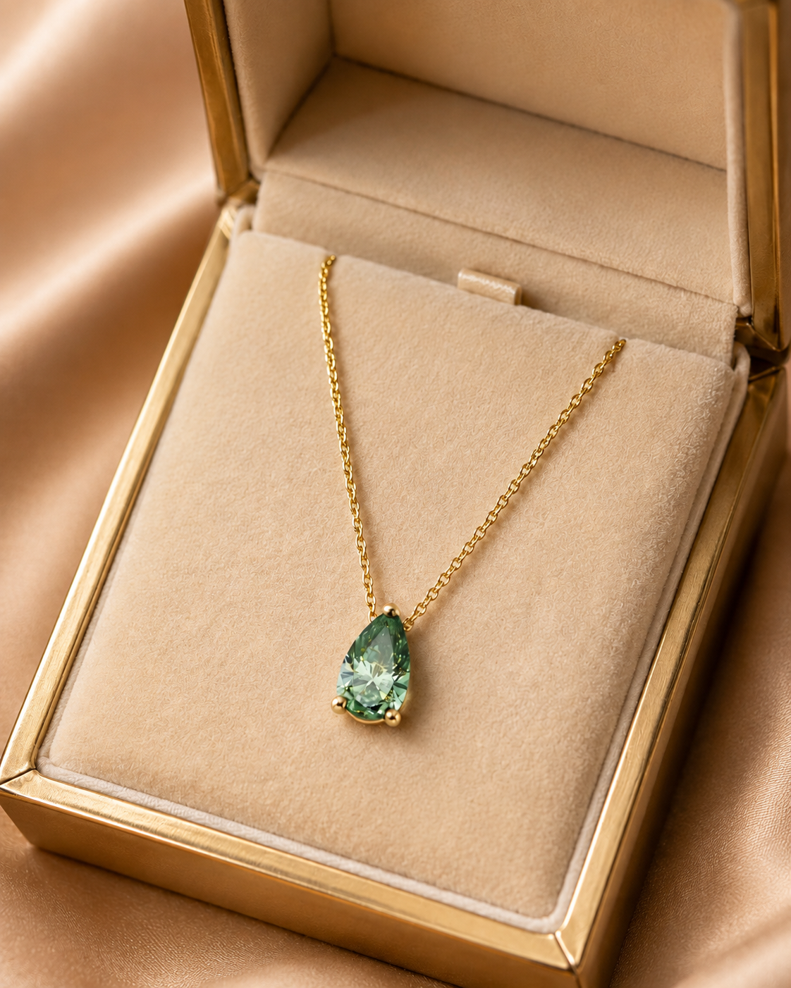 Green Pear Lab Grown Diamond Solitaire Pendant Three Prong 18K Yellow Gold Necklace
