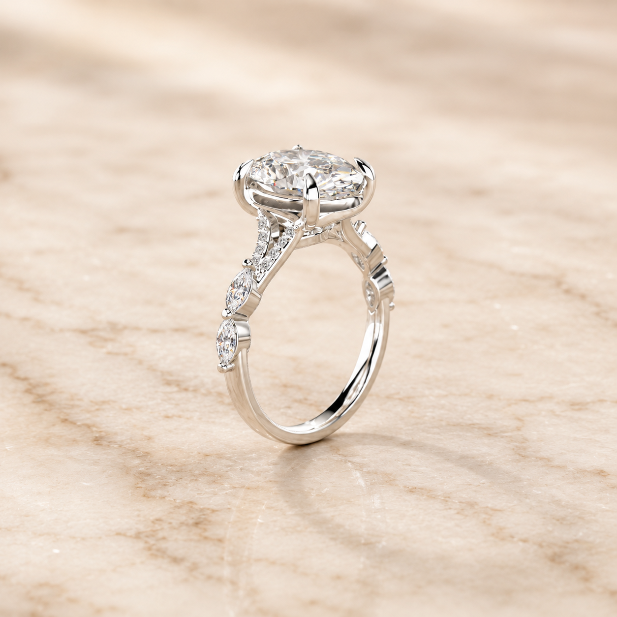 Oval Lab Grown Diamond Engagement Ring Marquise & Round Side Stones 14K White Gold E VVS2 1Ct Center