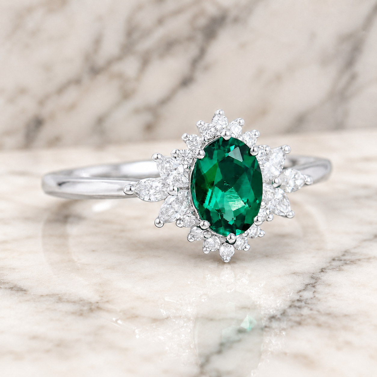 Oval Emerald Lab Grown Diamond Engagement Ring Halo 14K Gold Green Gemstone Bridal Ring