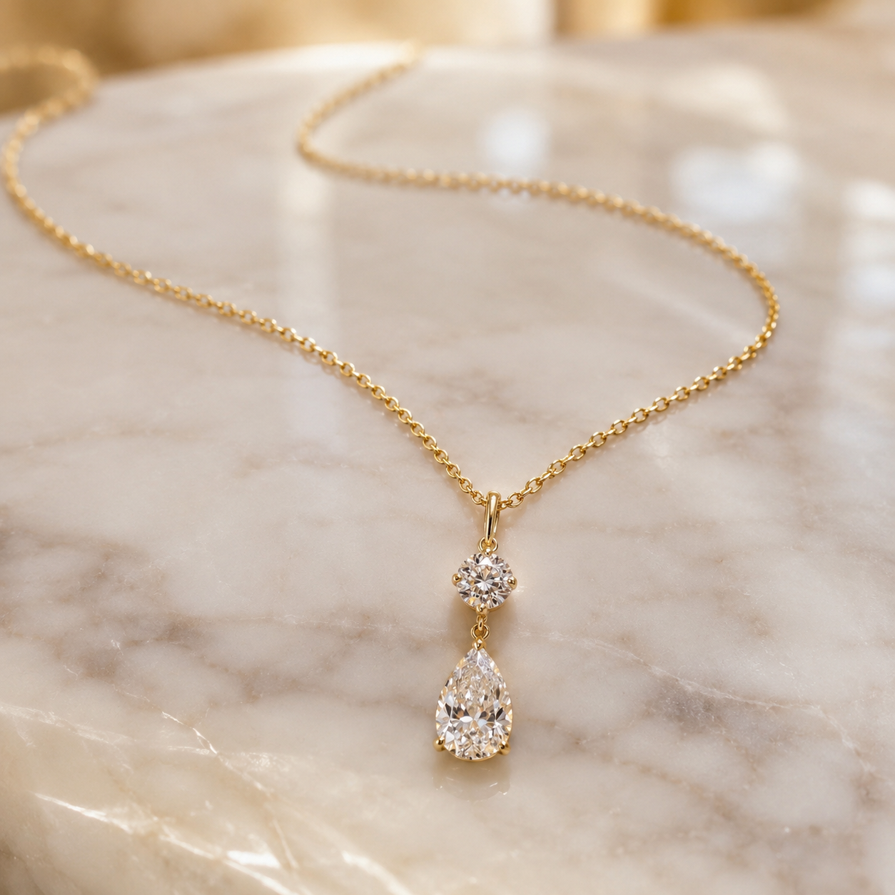 2.70 Ctw Round & Pear Lab Grown Diamond Drop Pendant – IGI, 14K Yellow Gold