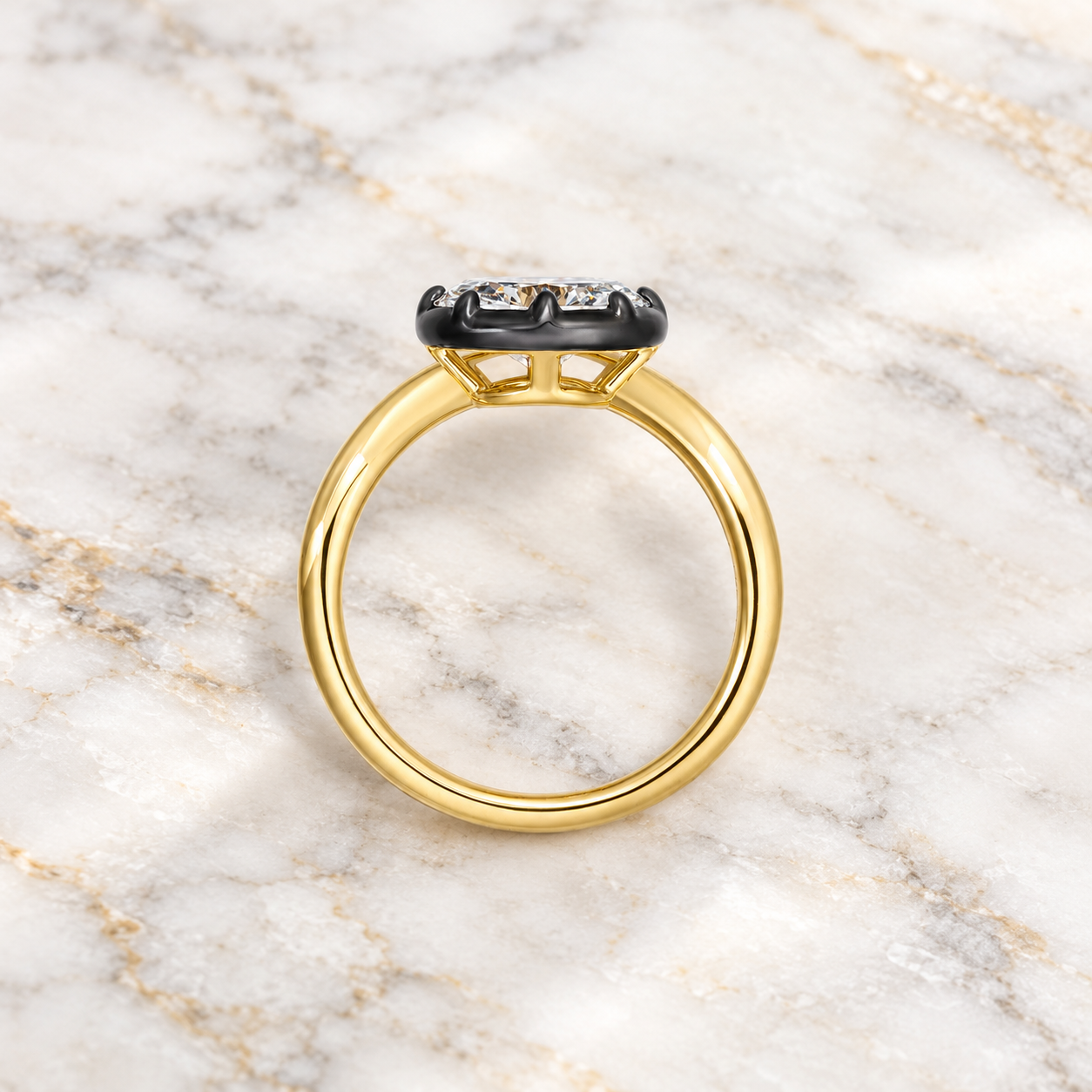 Oval Lab Grown Diamond Pinky Ring Bezel-Prong 14K Yellow & Black Gold IGI Certified