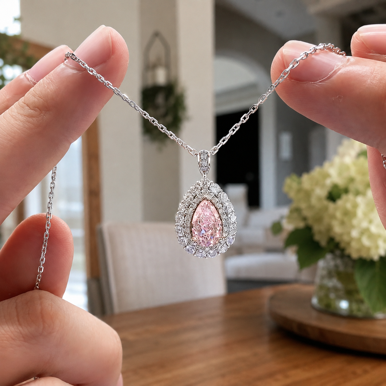 Pink Pear Lab Grown Diamond Pendant Necklace Double Halo 14K White Gold Pavé Bail for Her